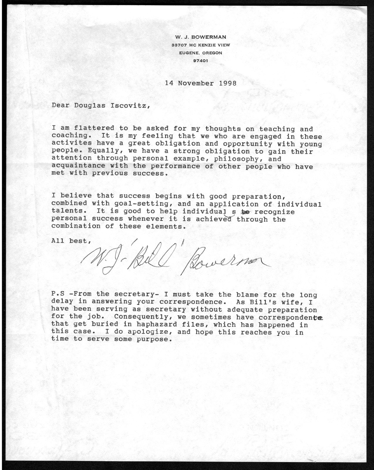 Bill Bowerman Autographed 8x10 Typed Letter Signed w Content JSA Nike Founder