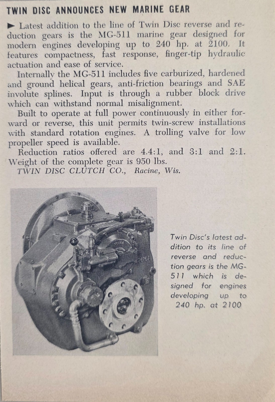 1956 Magazine Photo Twin Disc Clutch Co. MG-511 Marine Gears Racine,Wisconsin