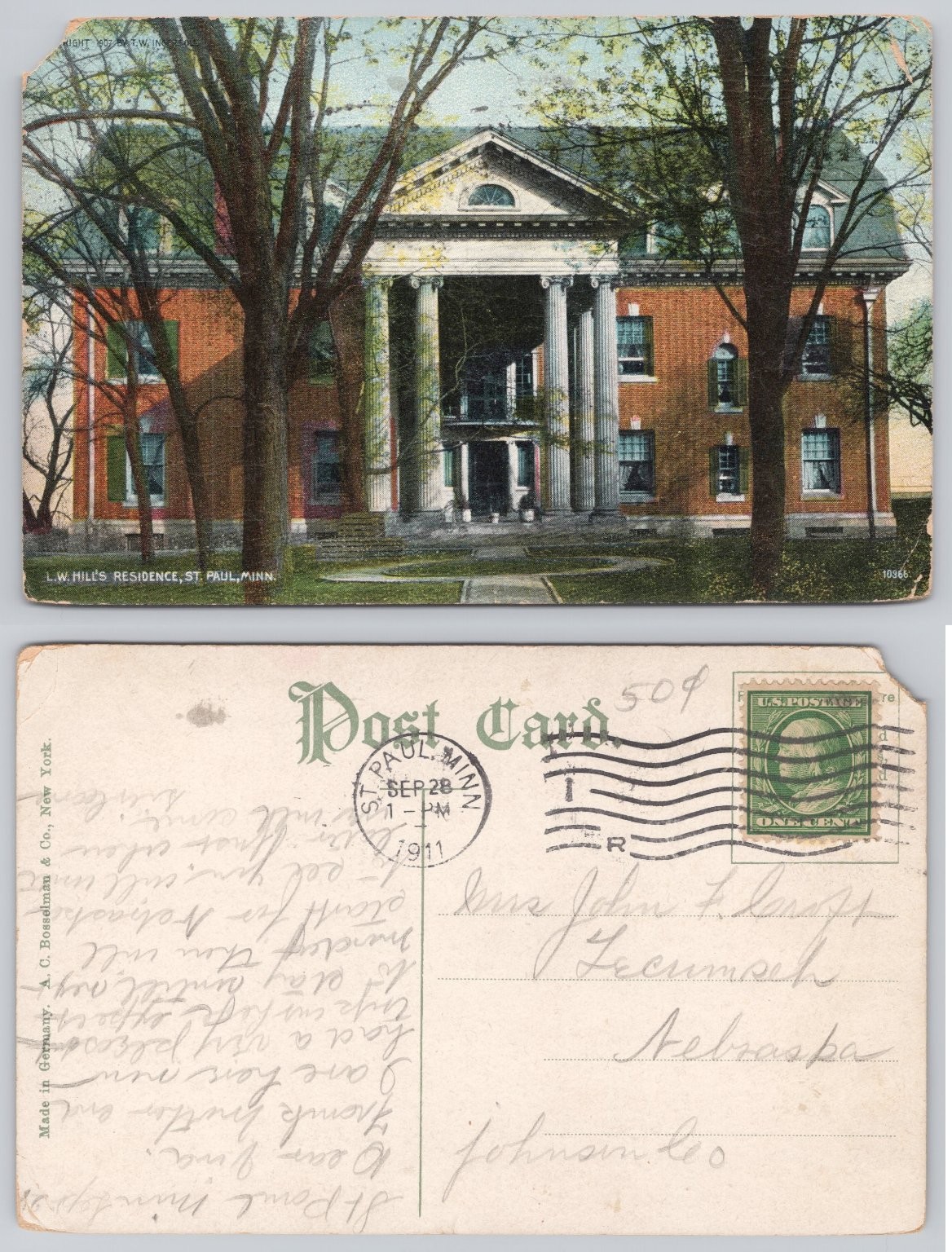 1911 L.W. Hill\'s Residence St. Paul, MN Vintage Postcard A. C. Bosselman