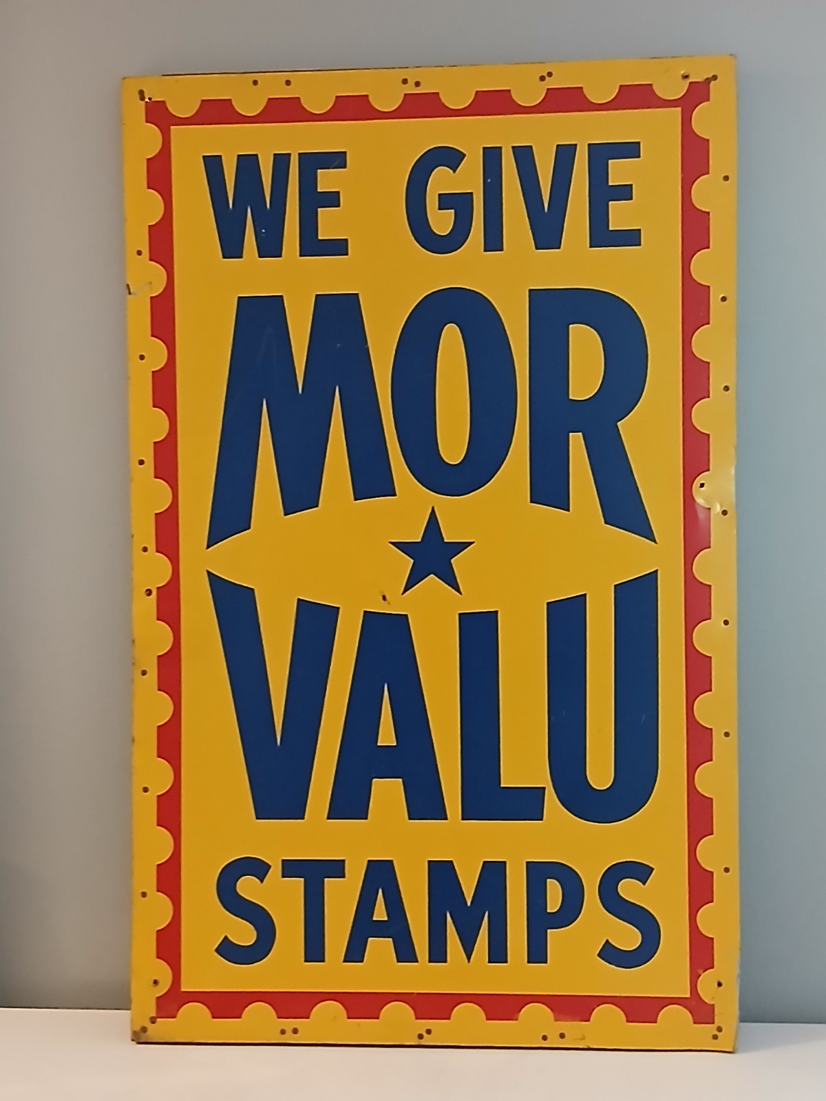 Vintage Large Metal Stamp Sign - Mor Valu Stamps - 48\