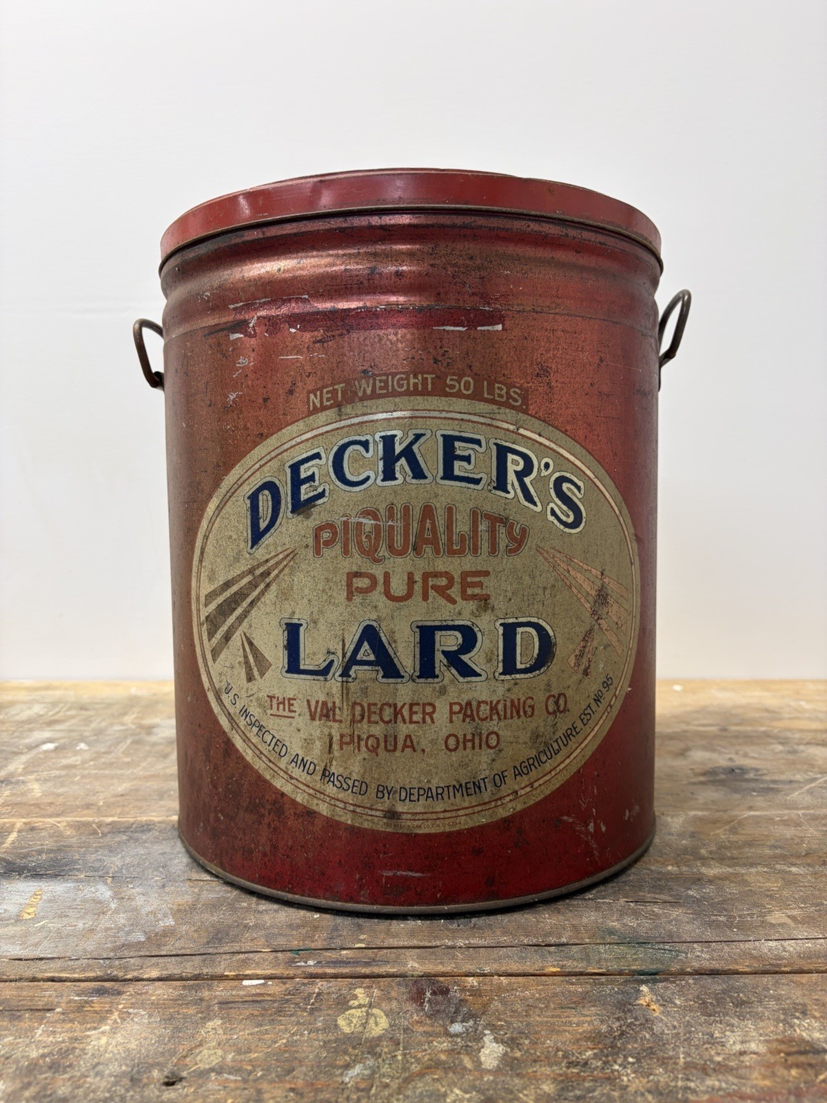 Vintage Decker's Piquality Pure Lard 50 lb Tin Can Decker Piqua Ohio Advertising