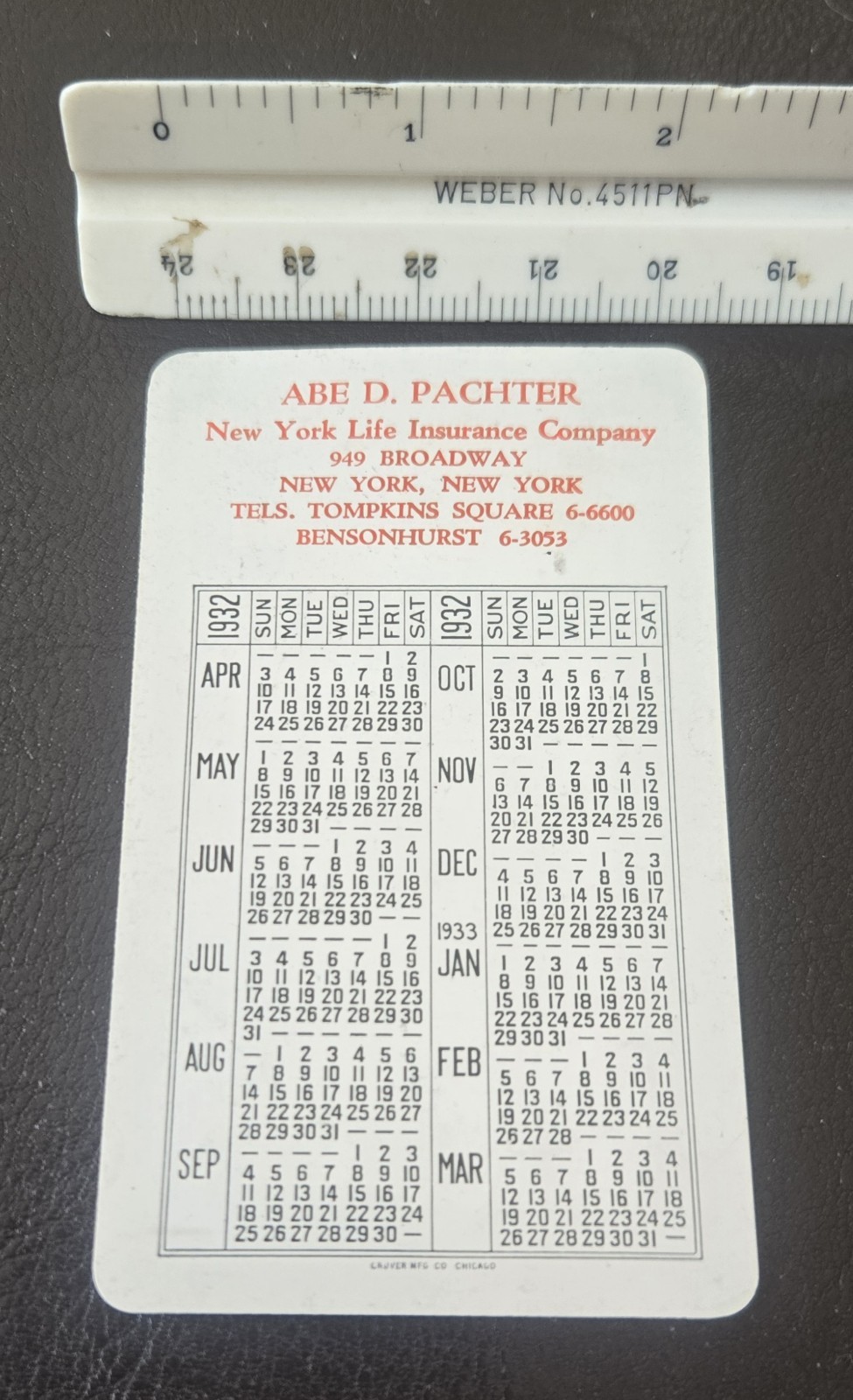 Vintage 1932 Advertising Wallet Calendar Card New York Life Insurance Building 