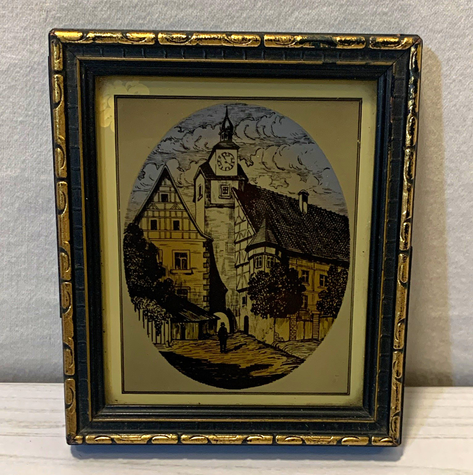 Germany Framed Village Etching Clock Tower Scene, Easel, Richards 3.5x4”