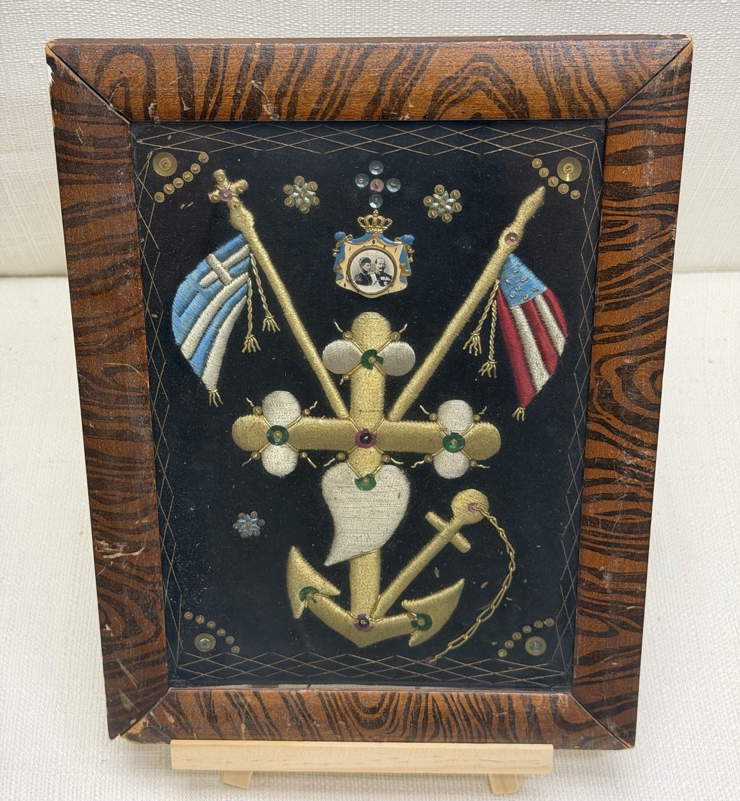 Antique Embroidered Greek Orthodox Maritime Anchor Cross Heart Flags Portrait