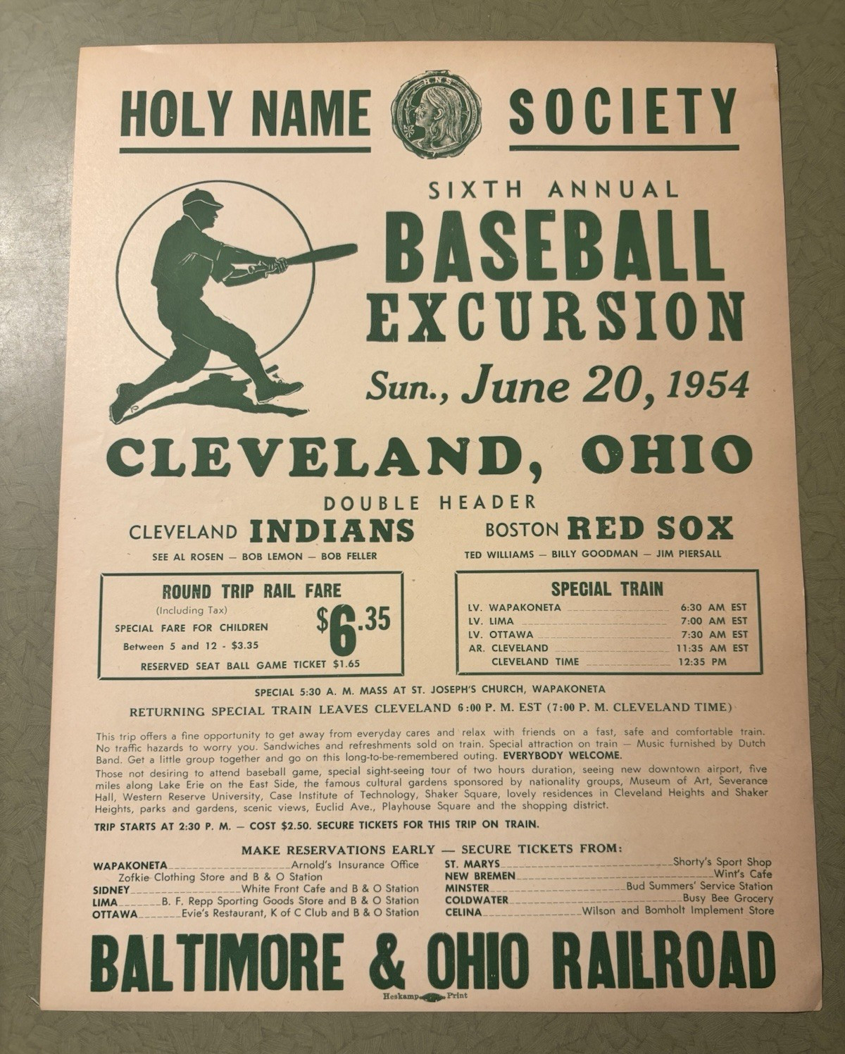 1954 Indians 6th Annual Baseball Excursion Flyer Cleveland OH B&O RR