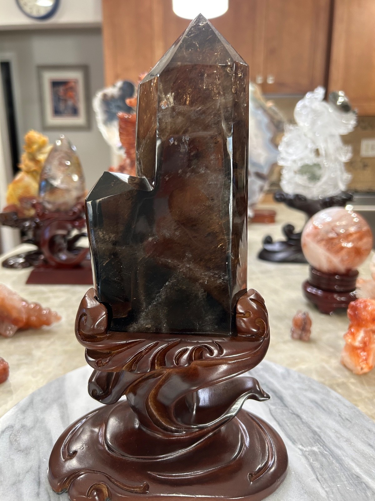 Natural Smokey Quartz double point Freeform with removable custom wood stand