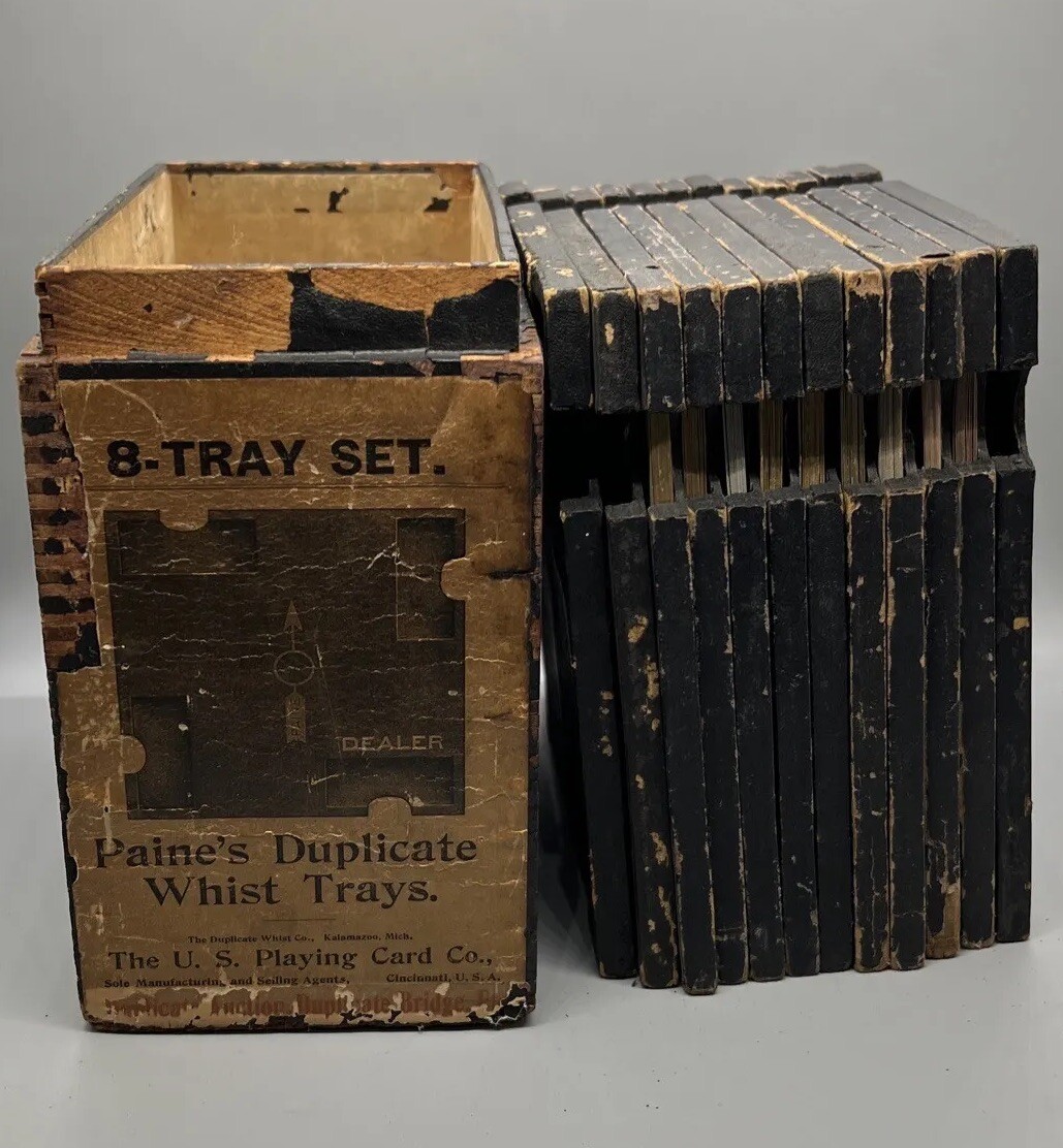 Whist Antique Paine’s Duplicate 8 Tray Set Wooden case 12 Board Playing Cards