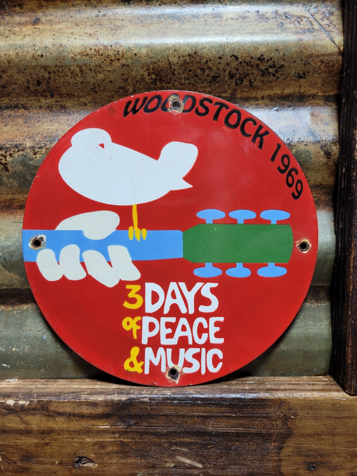 VINTAGE WOODSTOCK PORCELAIN SIGN OLD 1969 HIPPIE PEACE MUSIC FESTIVAL NEW YORK