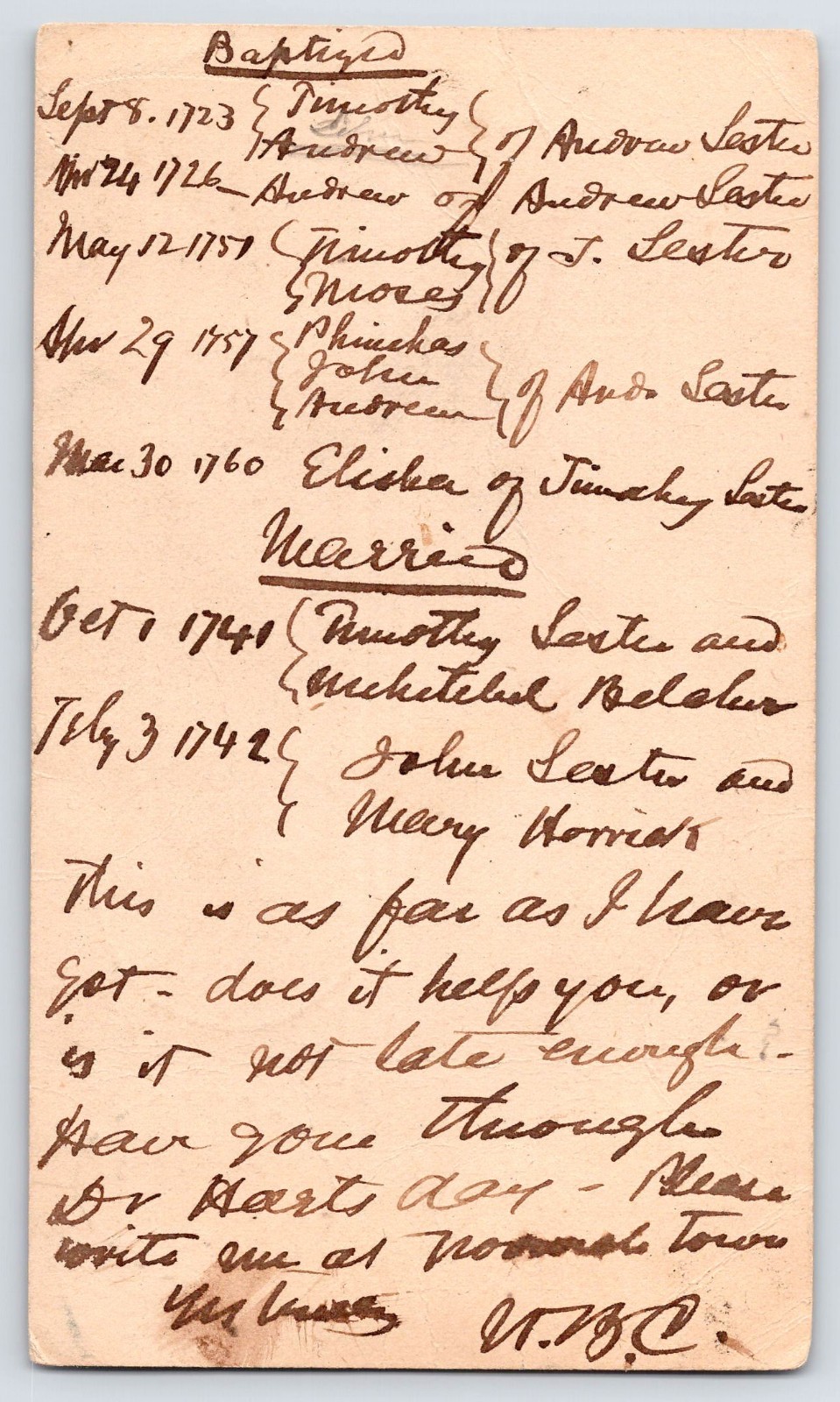[45j15] Postal Card, 1700\'s Baptisms Marraiges Lester Family,  Norwich CT Cancel