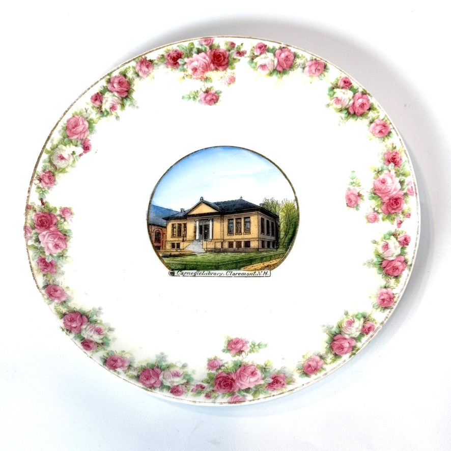 CLAREMONT Carnegie Library NH NEW HAMPSHIRE Antique Souvenir China TRINKET DISH 