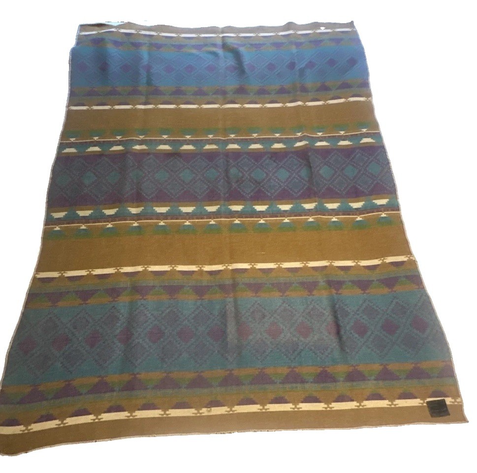 1920s Jacobs Oregon City Wool Trade Blanket Southwest Teal Purple Mustard 69x53