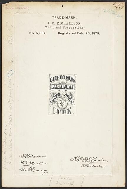 1878 J C Richardson Cliffords Febrifuge Fever Ague Cure Trademark Registration