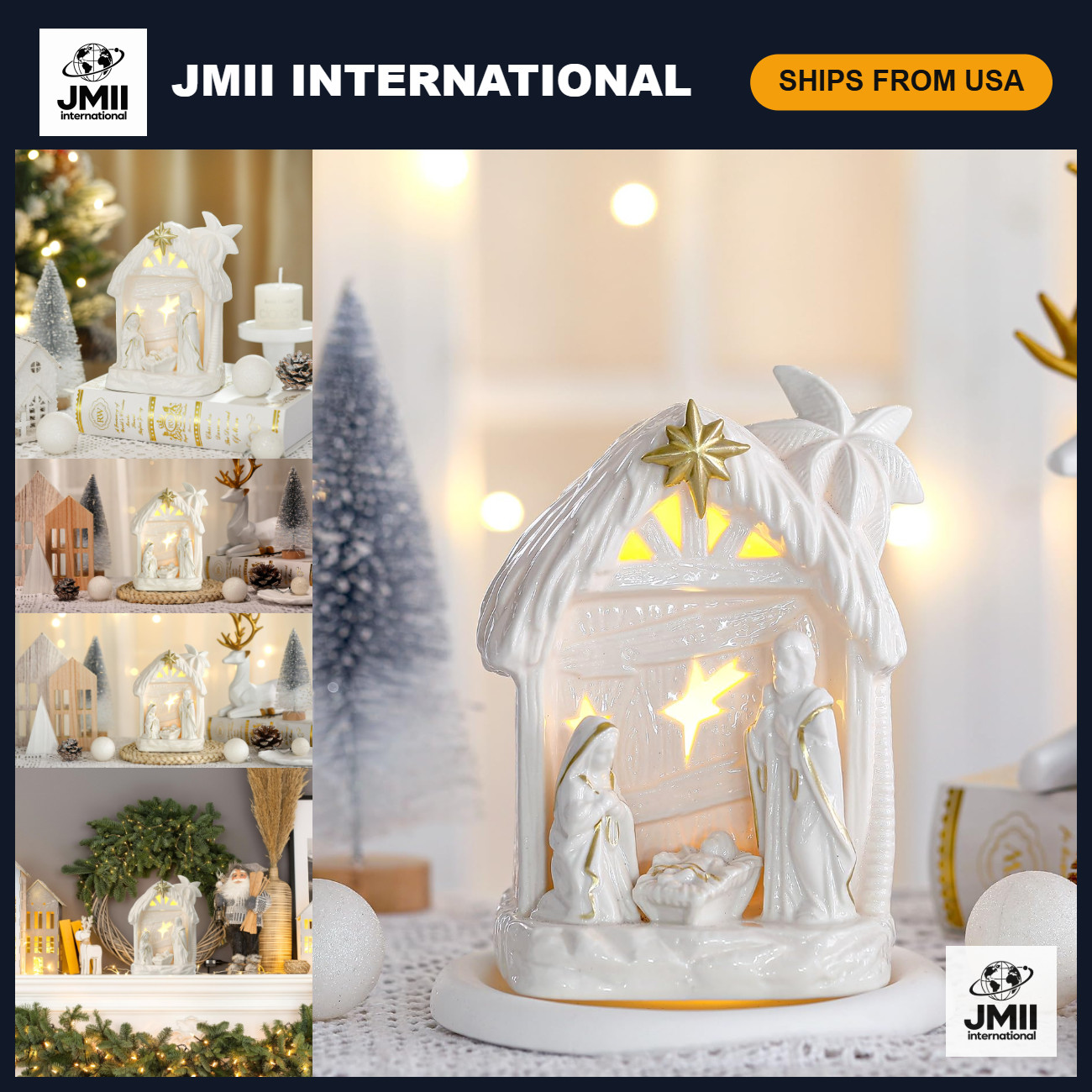 Lighted Christmas Nativity Scene Set - Indoor Ceramic Manger Decor Gift