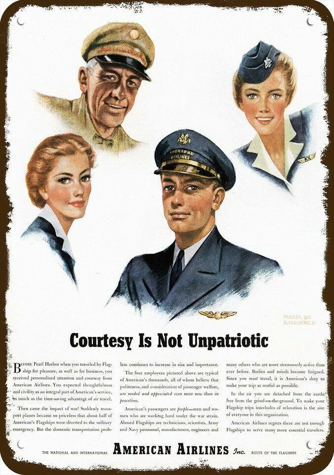1944 AMERICAN AIRLINES Pilot & Stewardess Vnt-Look DECORATIVE REPLICA METAL SIGN