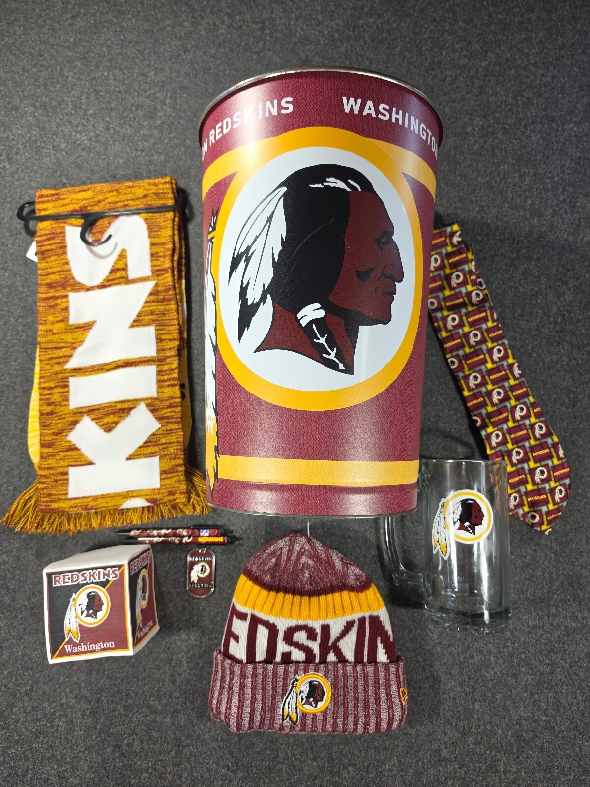 Washington Redskins Vintage Collectible Set with Beanie, Scarf, Glass Mug, Tie, Washington Redskins Vintage Collectible Set with Beanie, Scarf, Glass Mug, Tie,