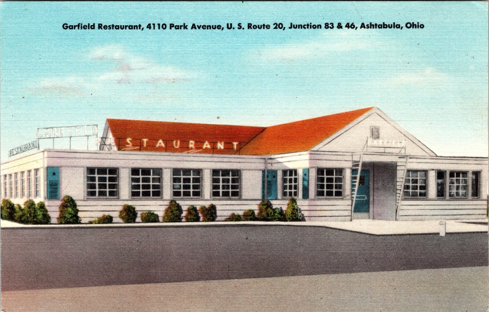 c1953 Ashtabula Ohio Garfield Restaurant Diner Vintage Postcard OH US Route 20 