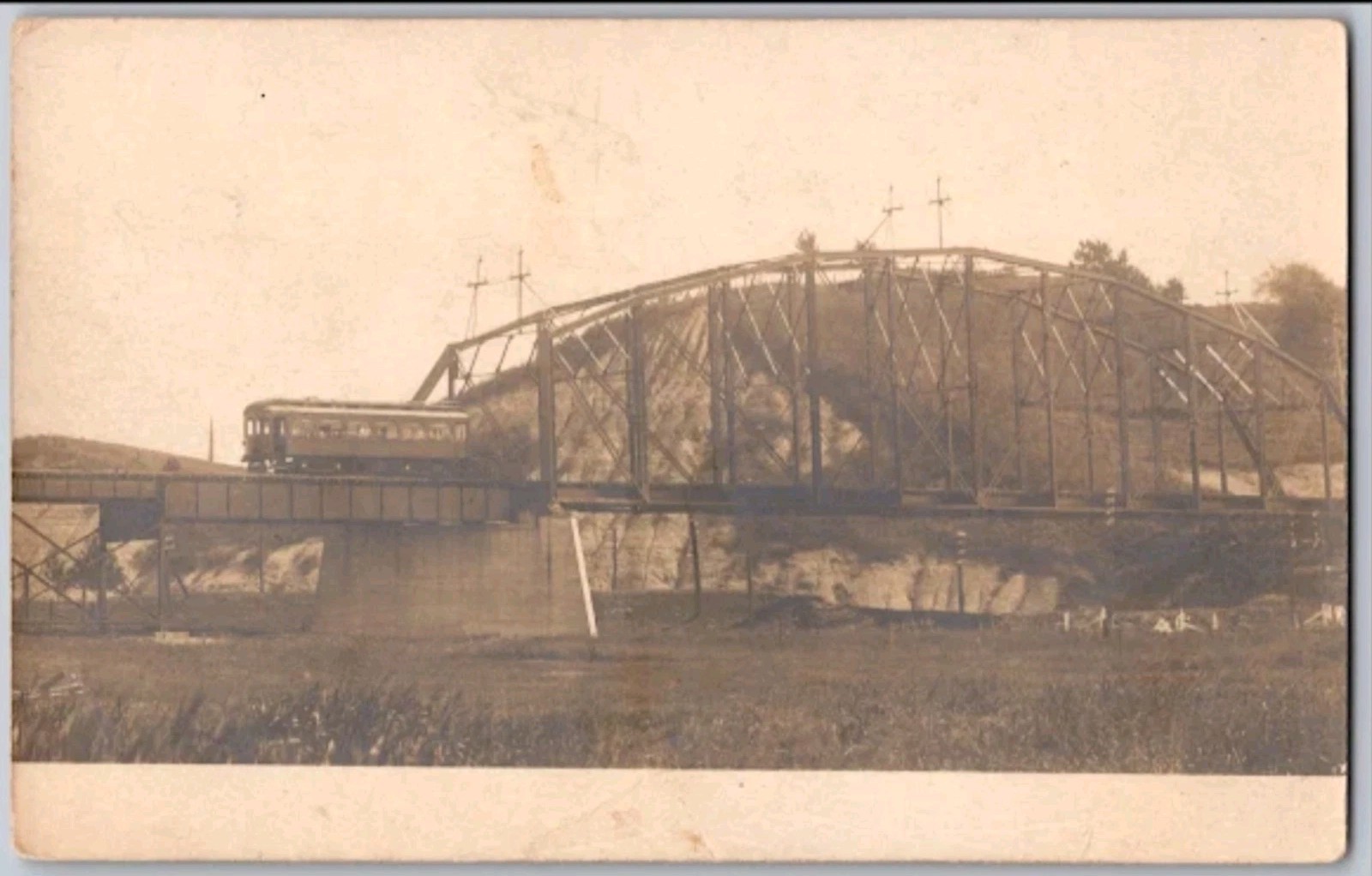 c1905 Electric Interurban Trolley Steel Truss Bridge RPPC Real Photo Postcard