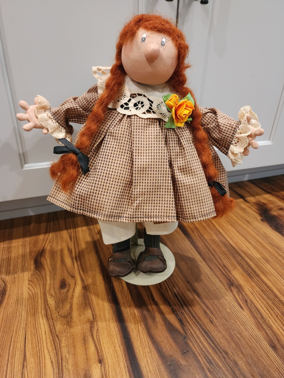 Vintage Robin M Fleming Handmade Folk Art Primitive Clay Signed Doll w/ Stand