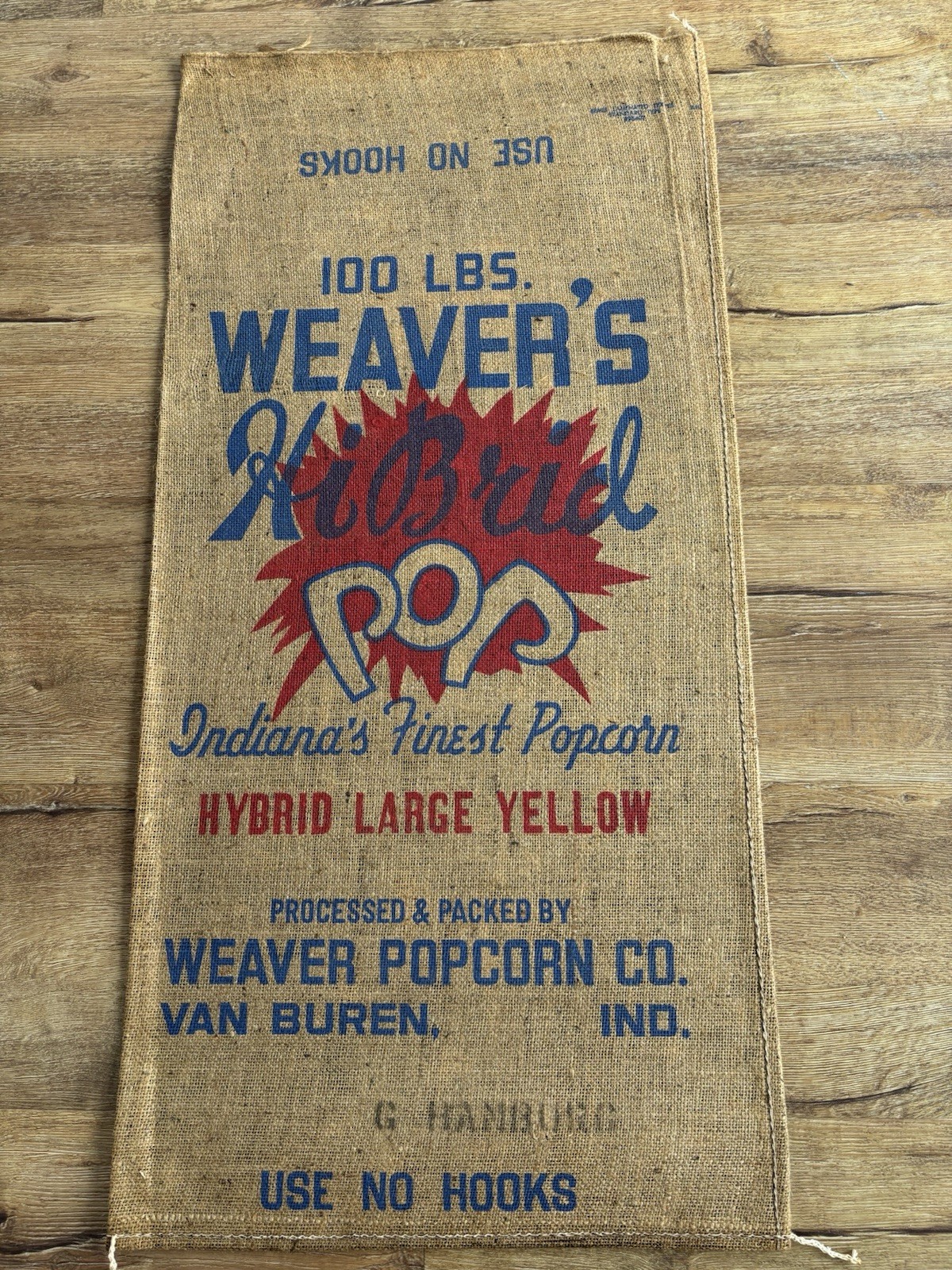 WEAVER'S HIBRID POP Popcorn Burlap Sack Van Buren Indiana 100 Lb Bag NEW Vintage