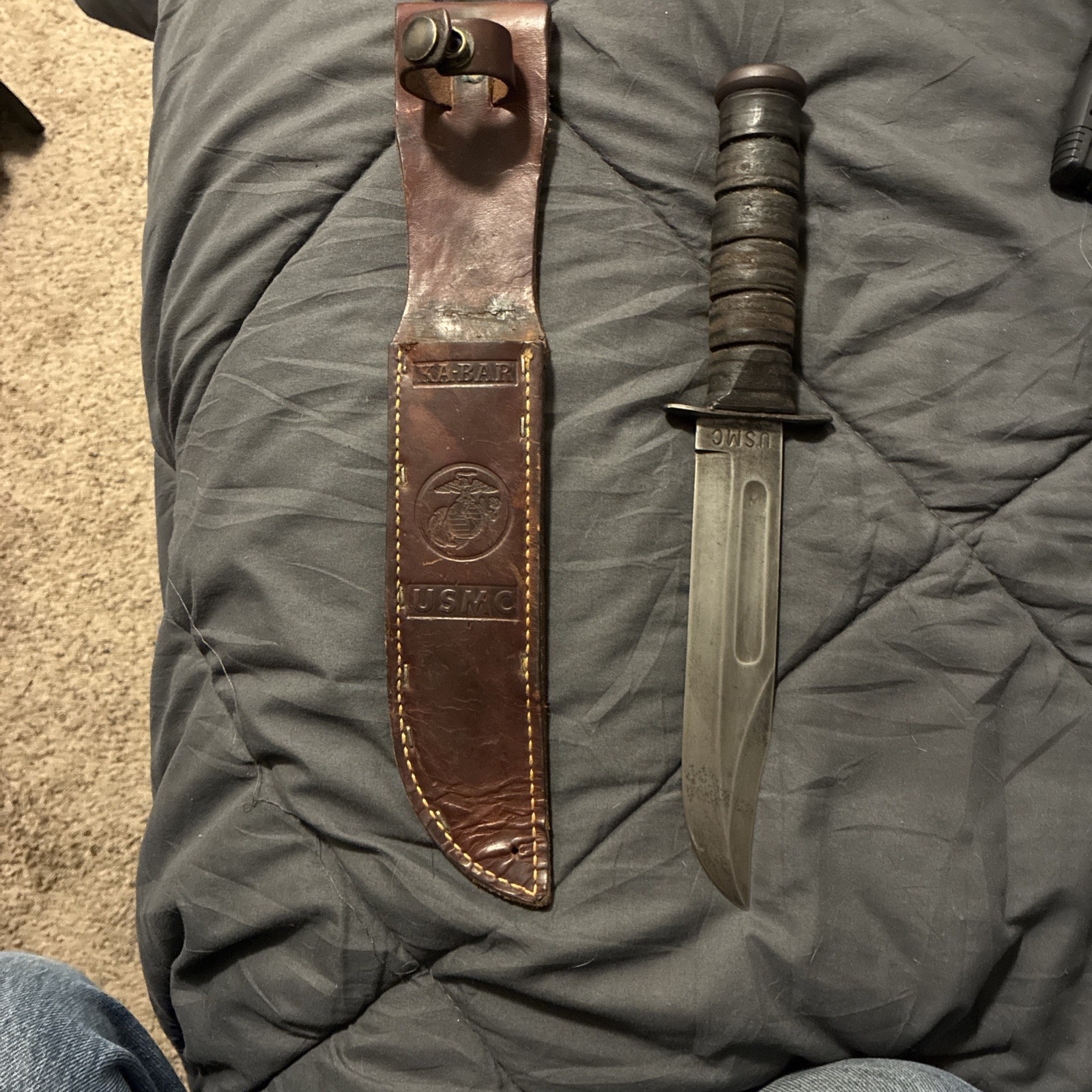 Early Kabar WW2 USMC US Marines Combat Fighting Knife & Leather Sheath Olean NY