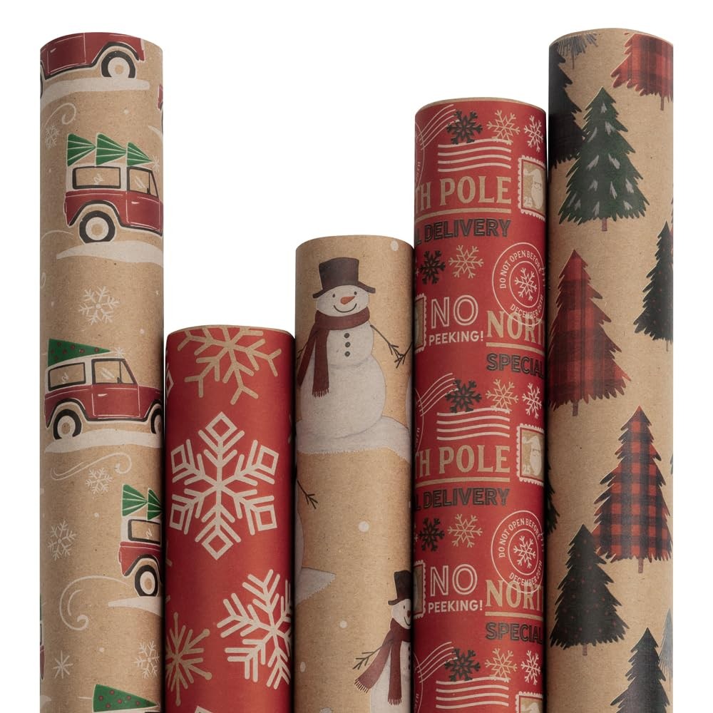 JAM Paper Christmas Kraft Gift Wrap - 125 Sq Ft - 5 Rolls/Pack