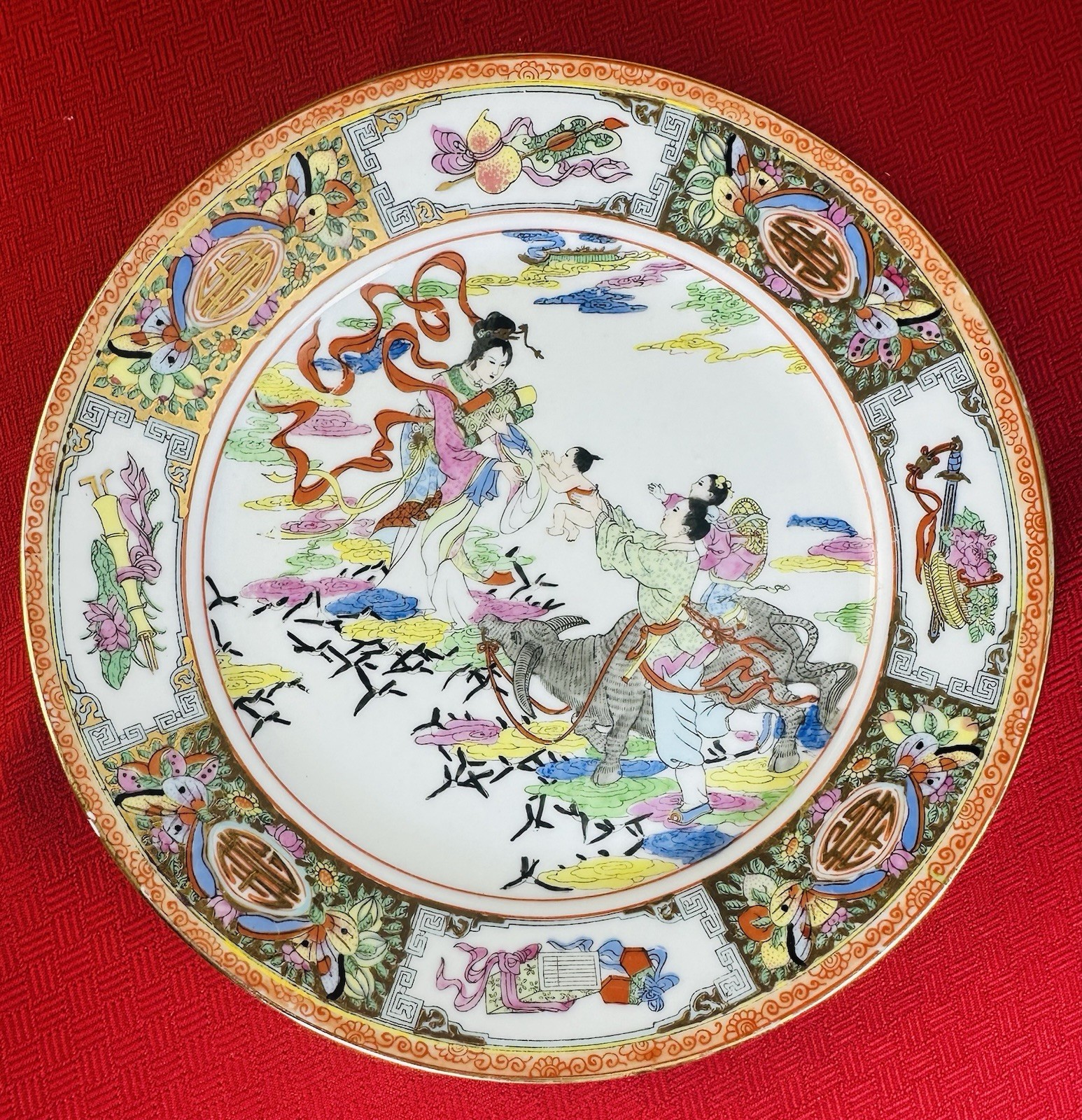 Vtg Chinese 9” Porcelain Plate Immortal & Child Hand Painted Marked Floral Art