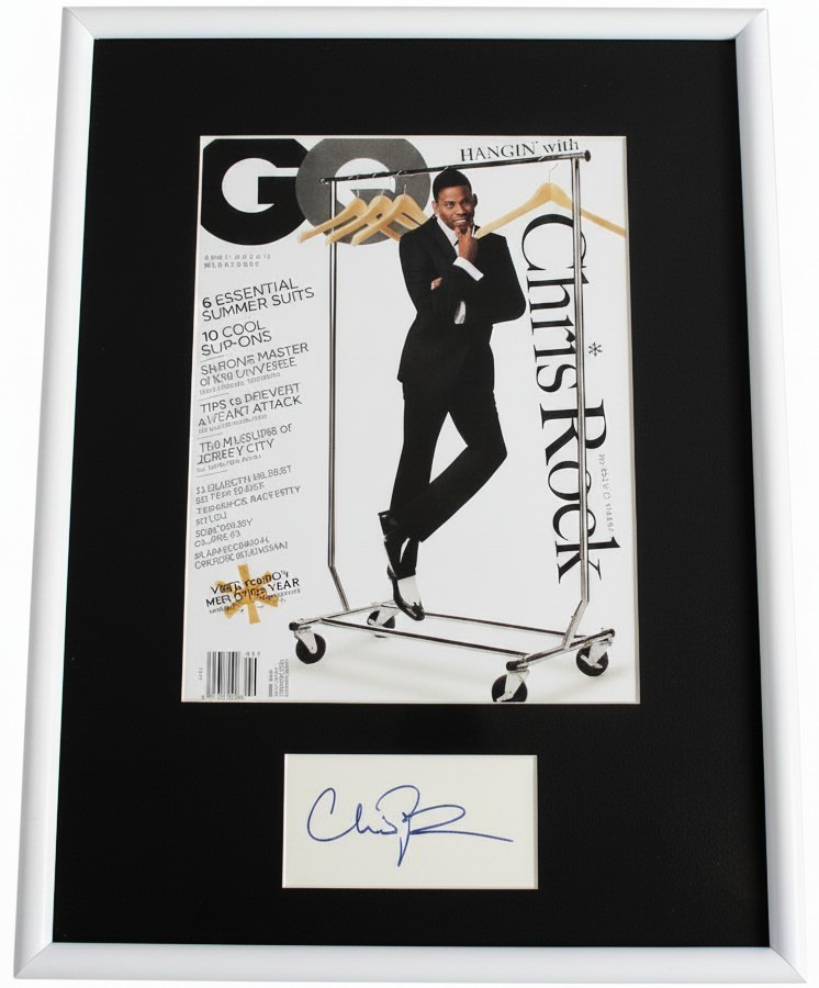 Chris Rock signed index card cut framed w/ 2002 GQ cover JSA Saturday Night Live