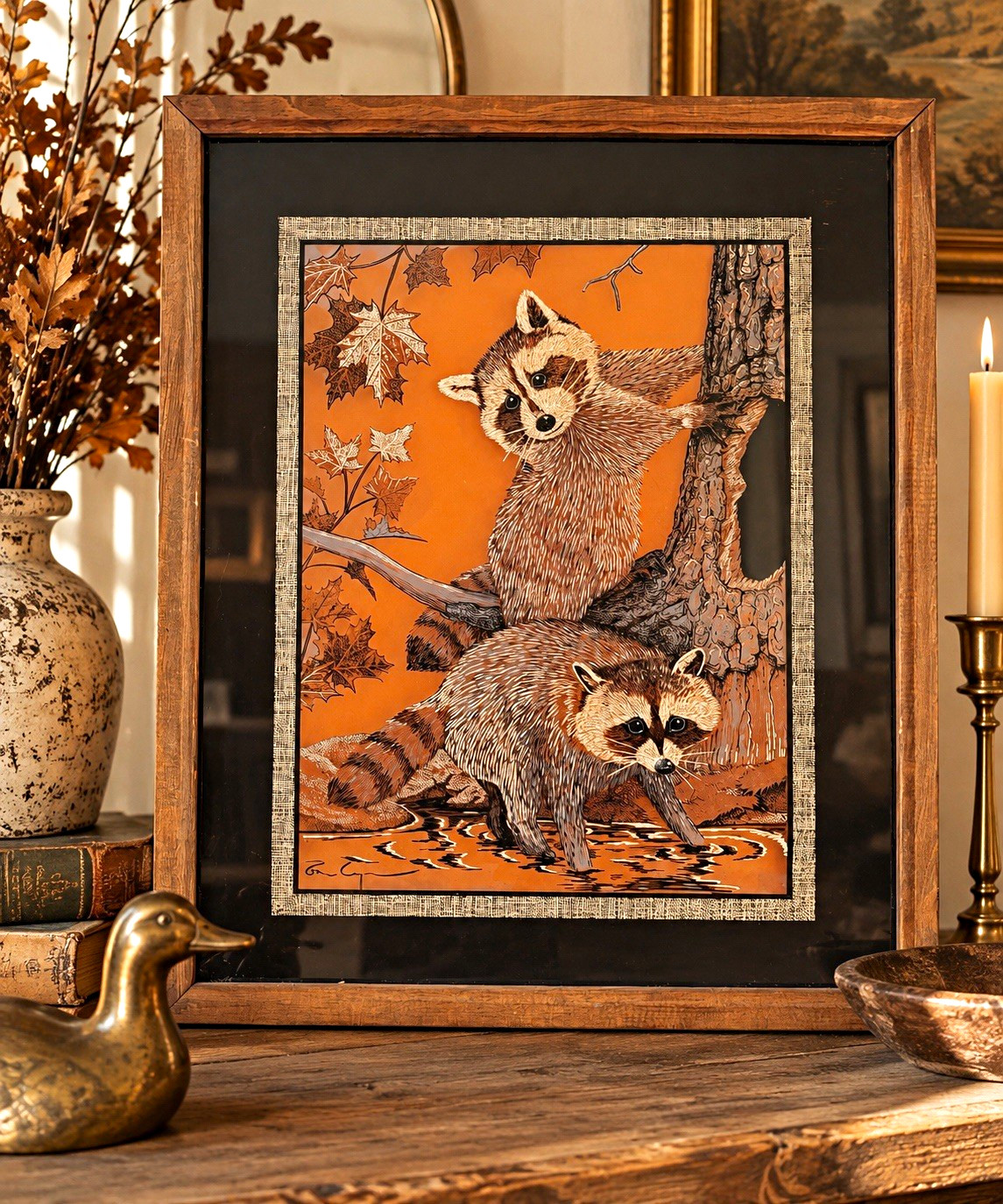 Vintage 1970s Raccoon Woodland Framed Art – Retro Cabin Lodge Wall Decor 18x21