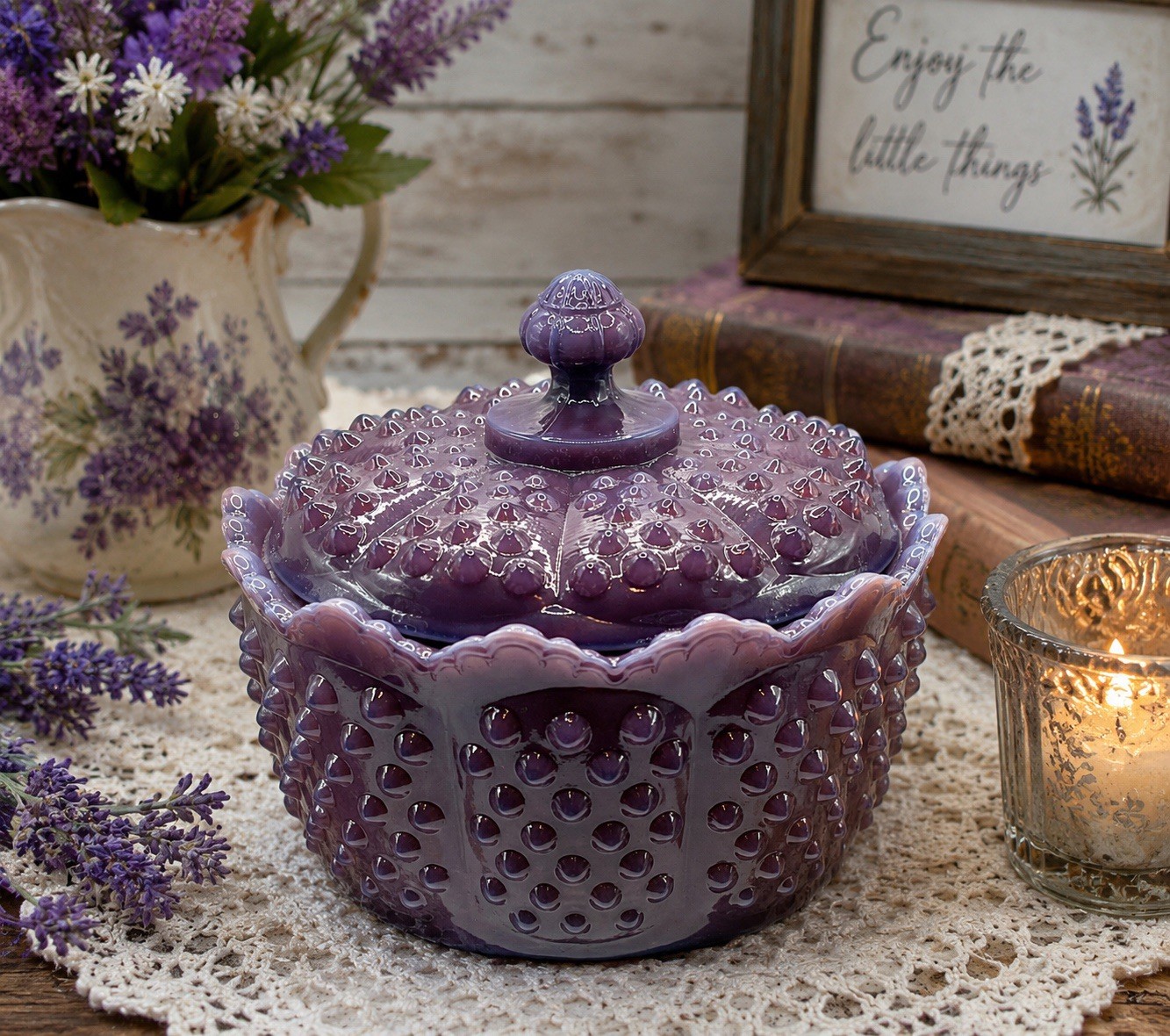 Mosser Glass Gigi Hobnail Butter Tub Eggplant Purple Covered Candy Dish USA