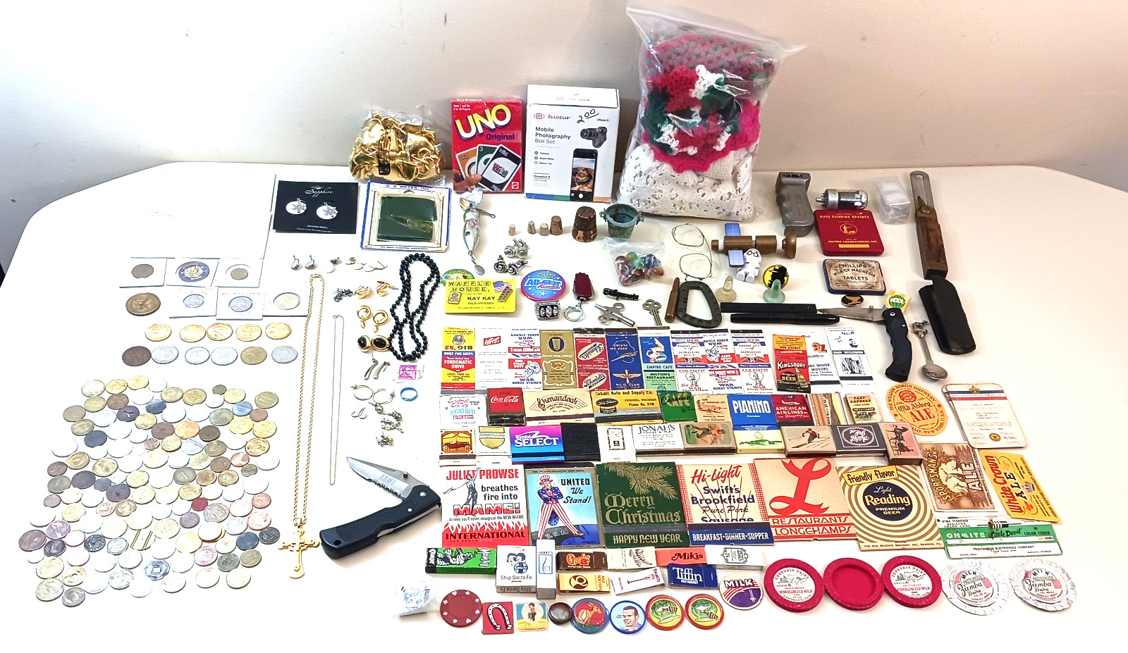 Vintage Estate Junk Drawer Jewelry Cross Necklace WWII Matchbooks Coin Token Lot