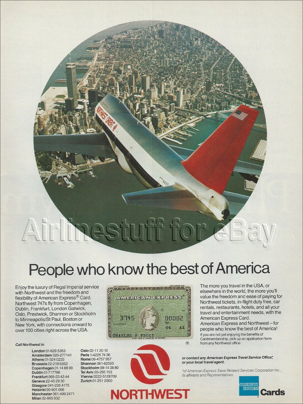 1985 NORTHWEST ORIENT Airlines BOEING 747 ad WORLD TRADE CENTER advert NEW YORK