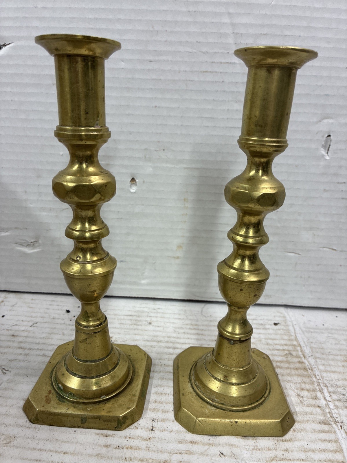 Vintage Victorian Brass Candlesticks Pair Beehive Diamond 7.5\