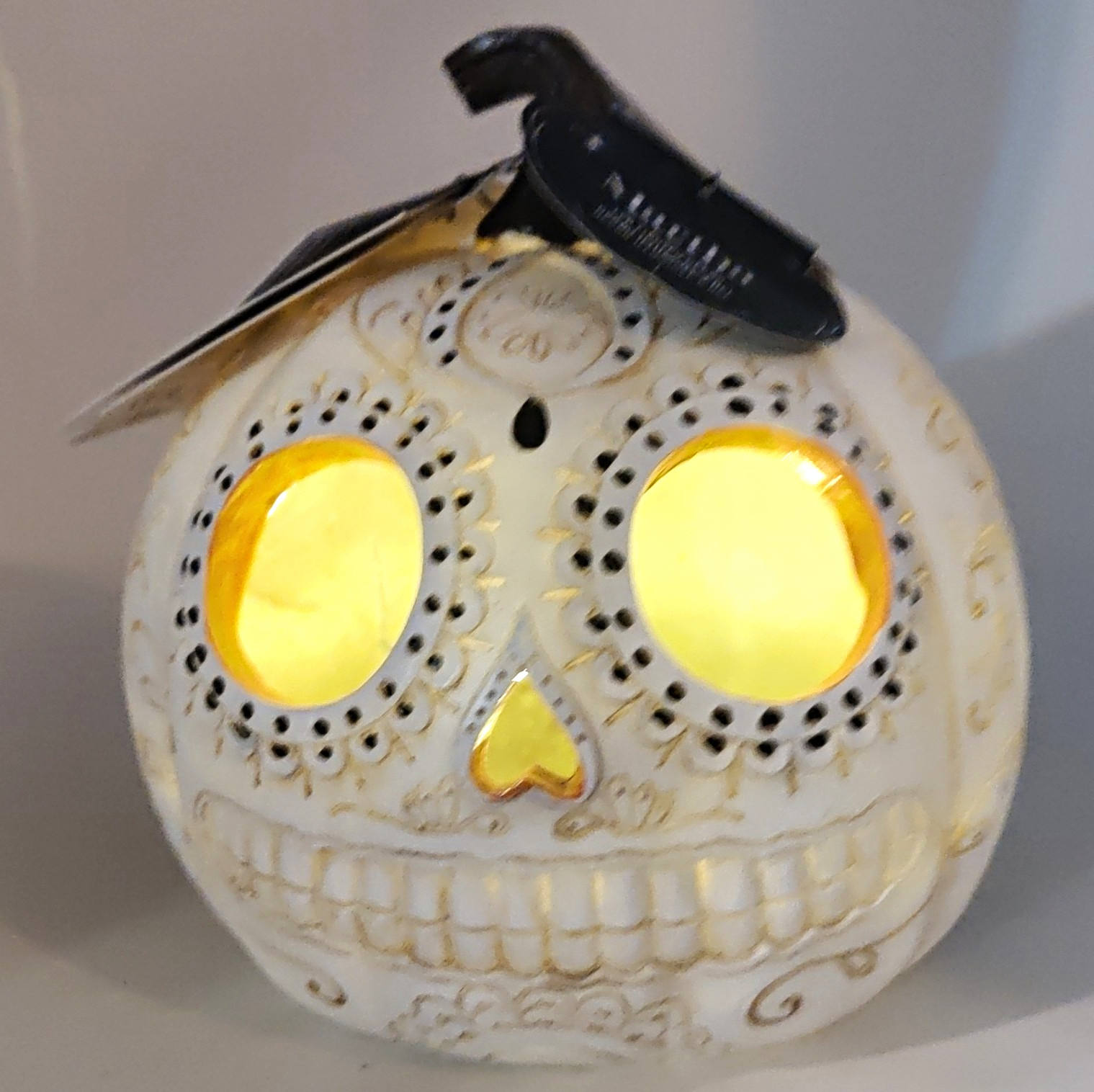 Martha Stewart LED Lighted Sugar Skull Pumpkin Halloween Decor White Plastic