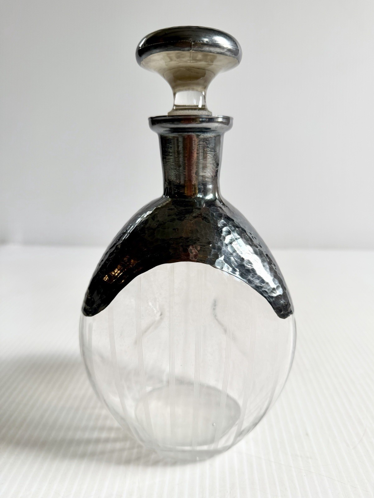 Vintage Pinch Whiskey Decanter w/ Stopper, Hammered Silver Overlay Art Deco