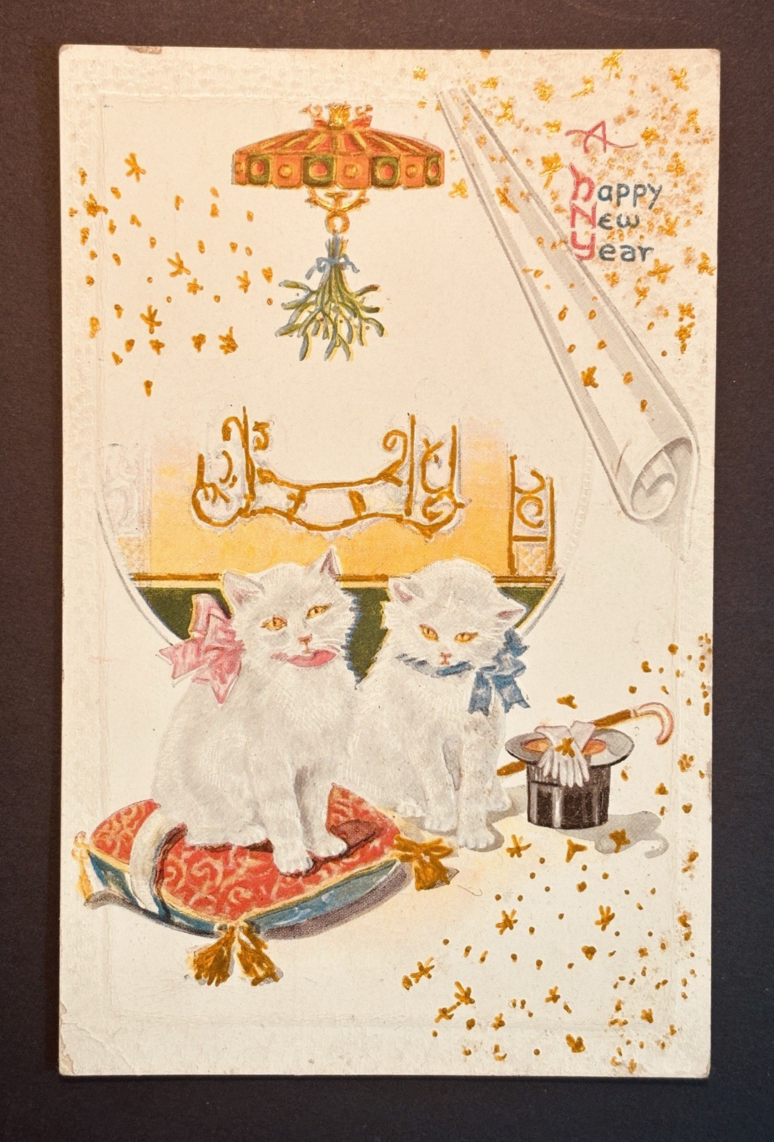 Antique Elegant White Kittens Postcard c1915 France Halloween Vibes #498 Gold