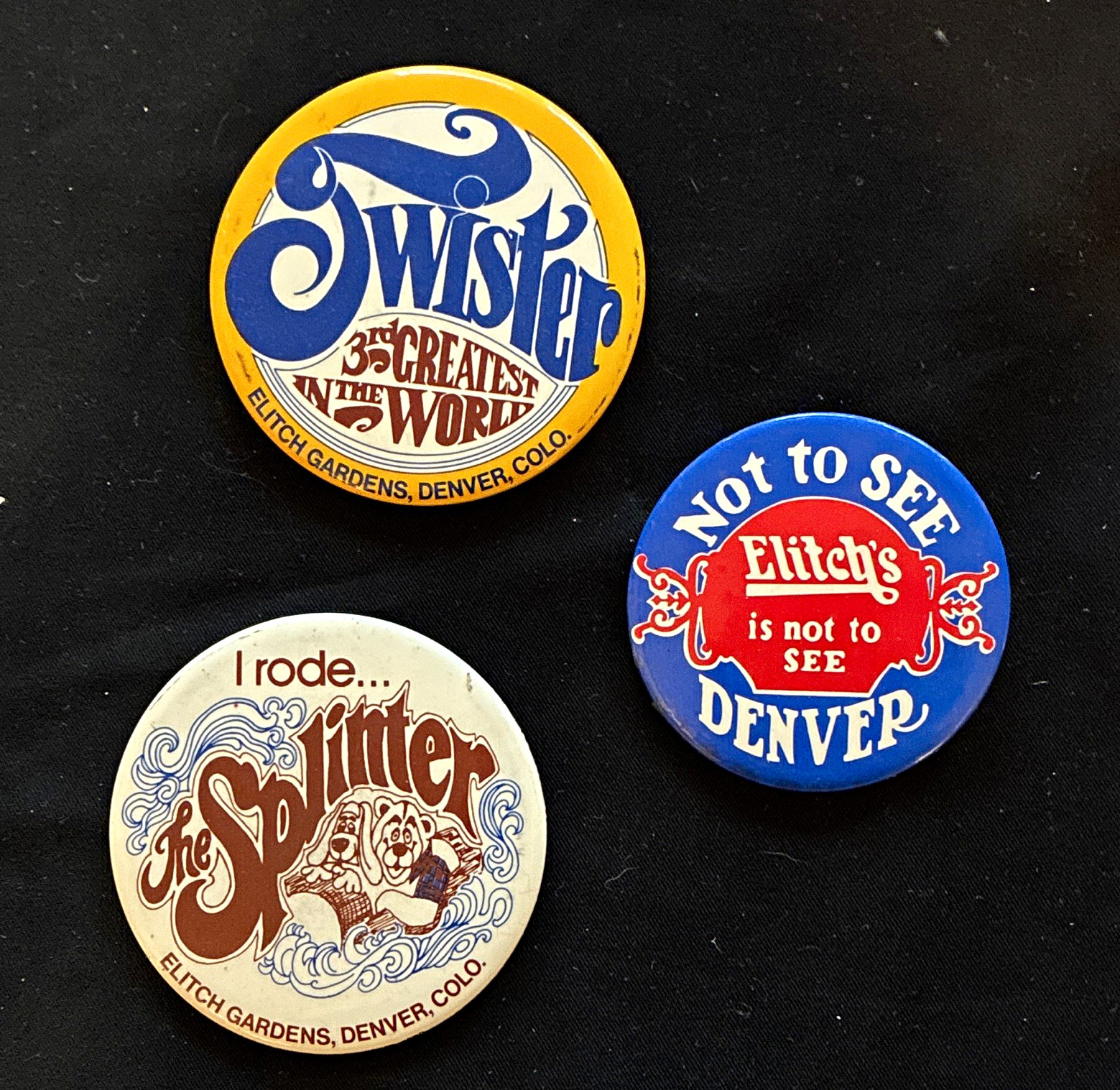 Vintage Elitch Gardens Denver CO Buttons Twister & The Splinter Pinback