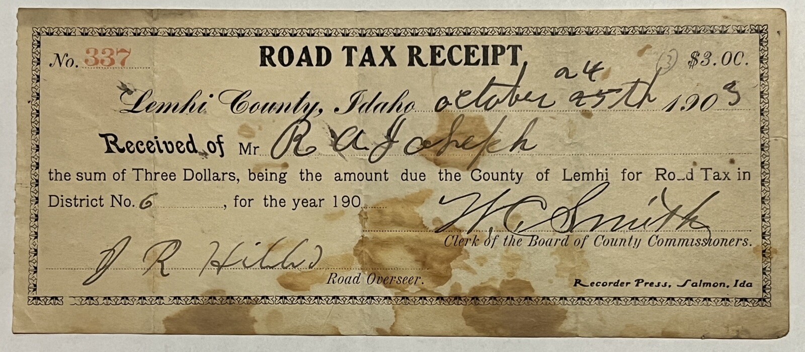 VINTAGE 1903 IDAHO ROAD TAX RECEIPT COUNTY OF LEMHI