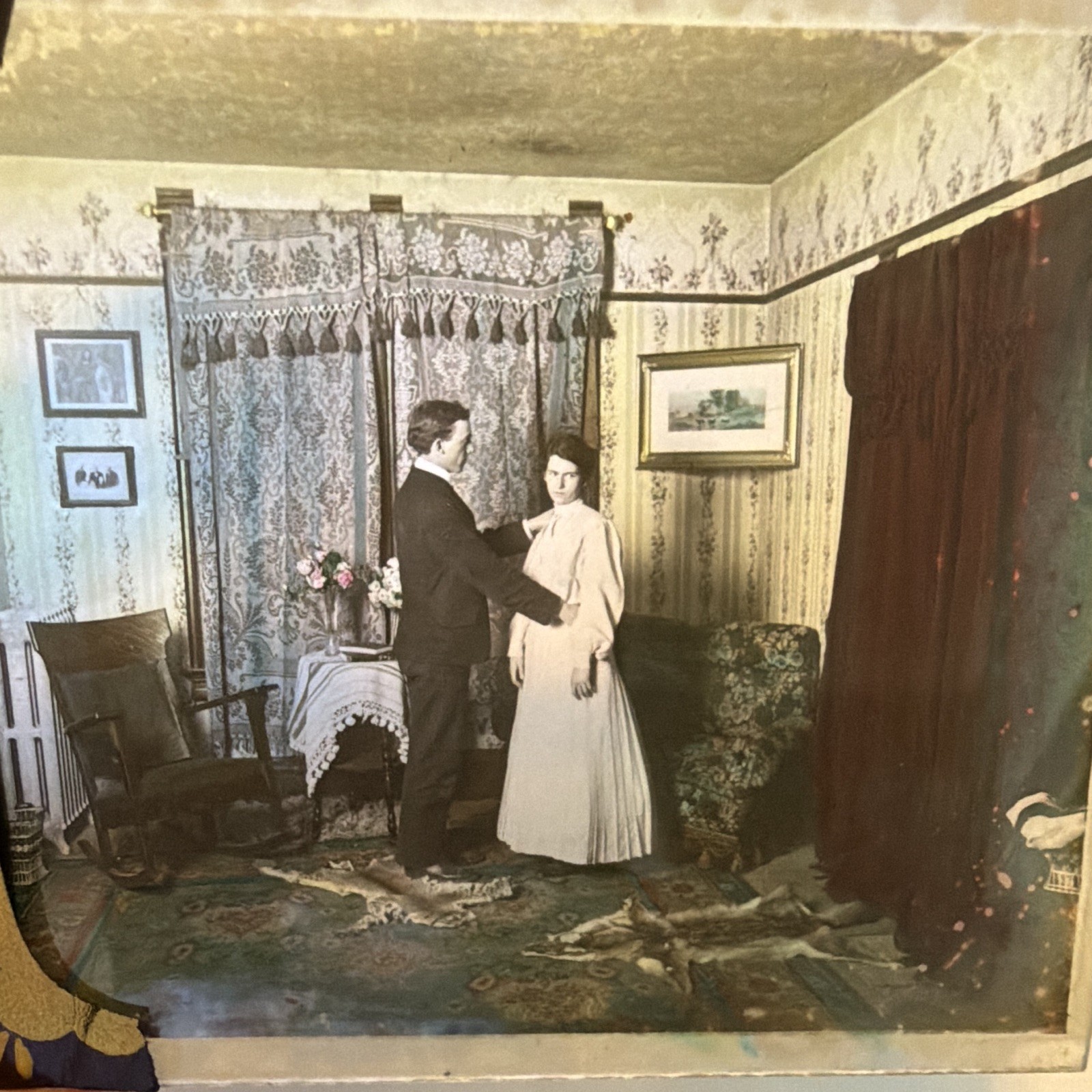 1905 G W Bond Magic Lantern Slide Man Woman Interior. Animal Skins On Floor