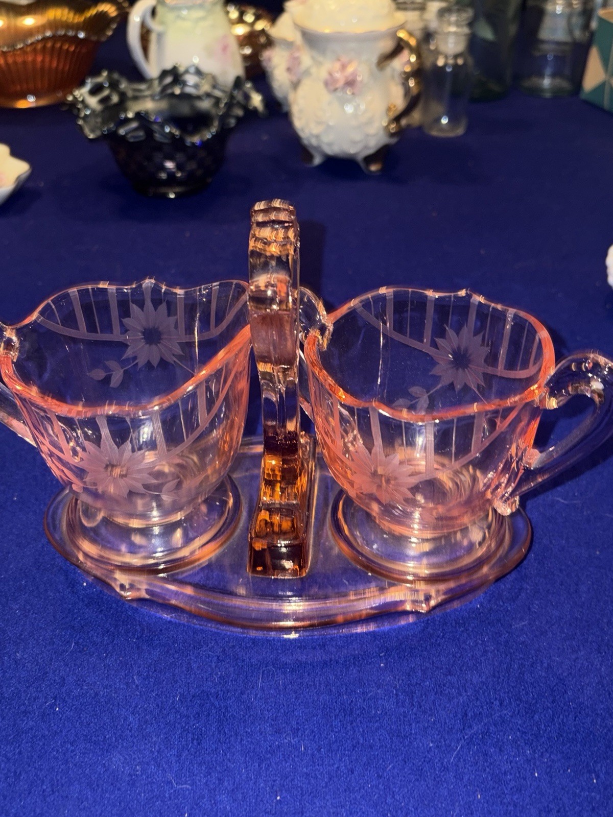 Vintage Lancaster Pink/Peach Jubilee Elegant Glass Creamer, Sugar Bowl & Tray