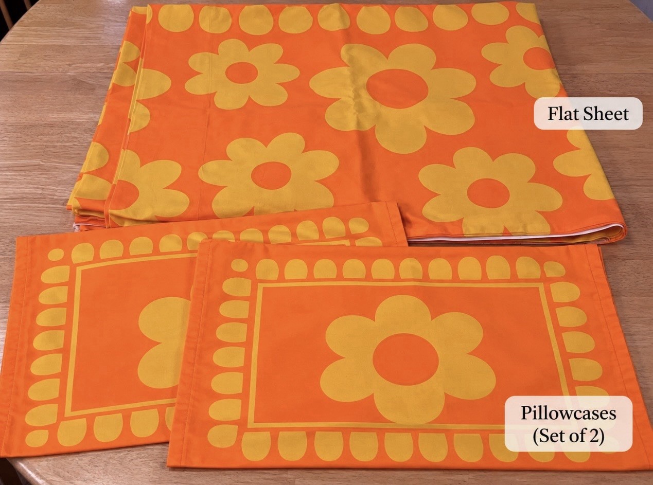 Vtg 60s Mod Cannon Royal Family Sunflower Orange Full Flat Sheet & 2 Pillowcases