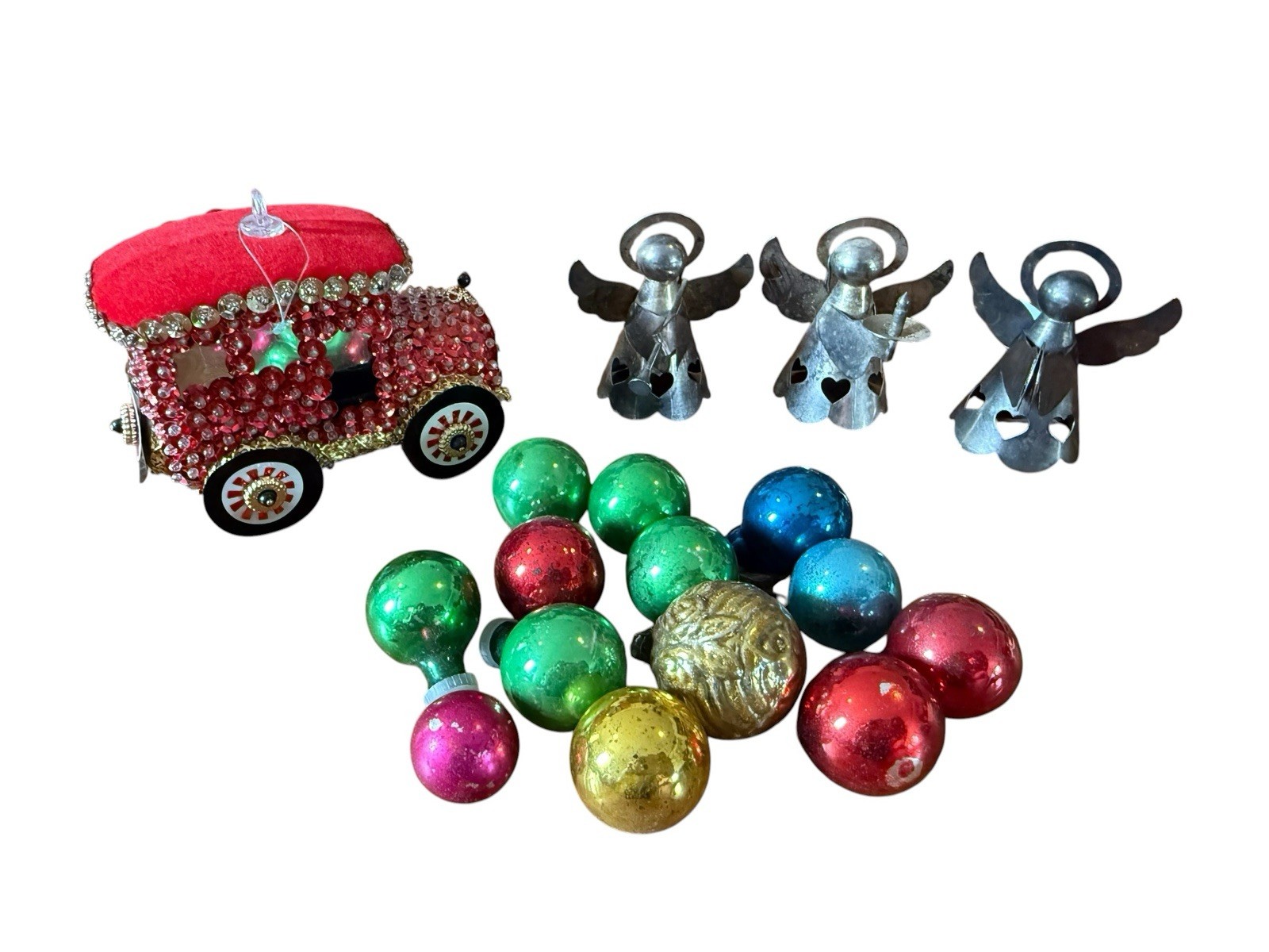 Vintage Christmas Lot Sequin Car Glass Ornaments Metal Angels