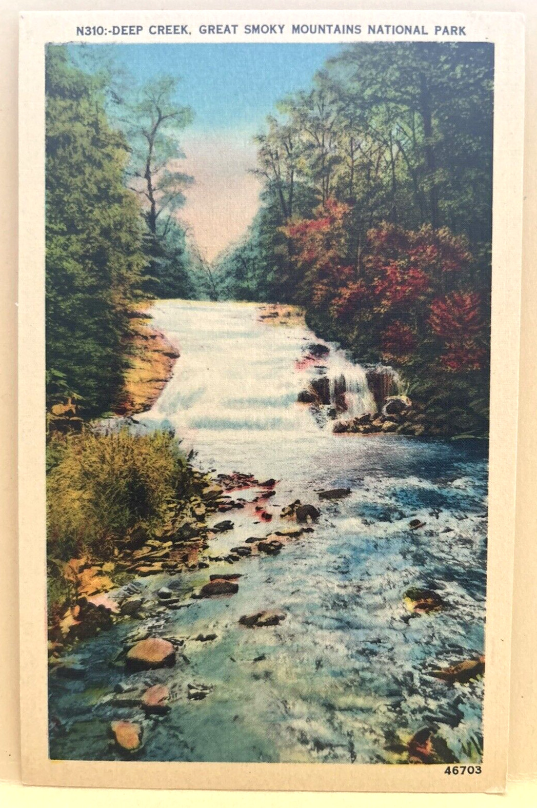 Great Smokey Mountains National Park Deep Creek Linen Postcard c1930s/40s - a8