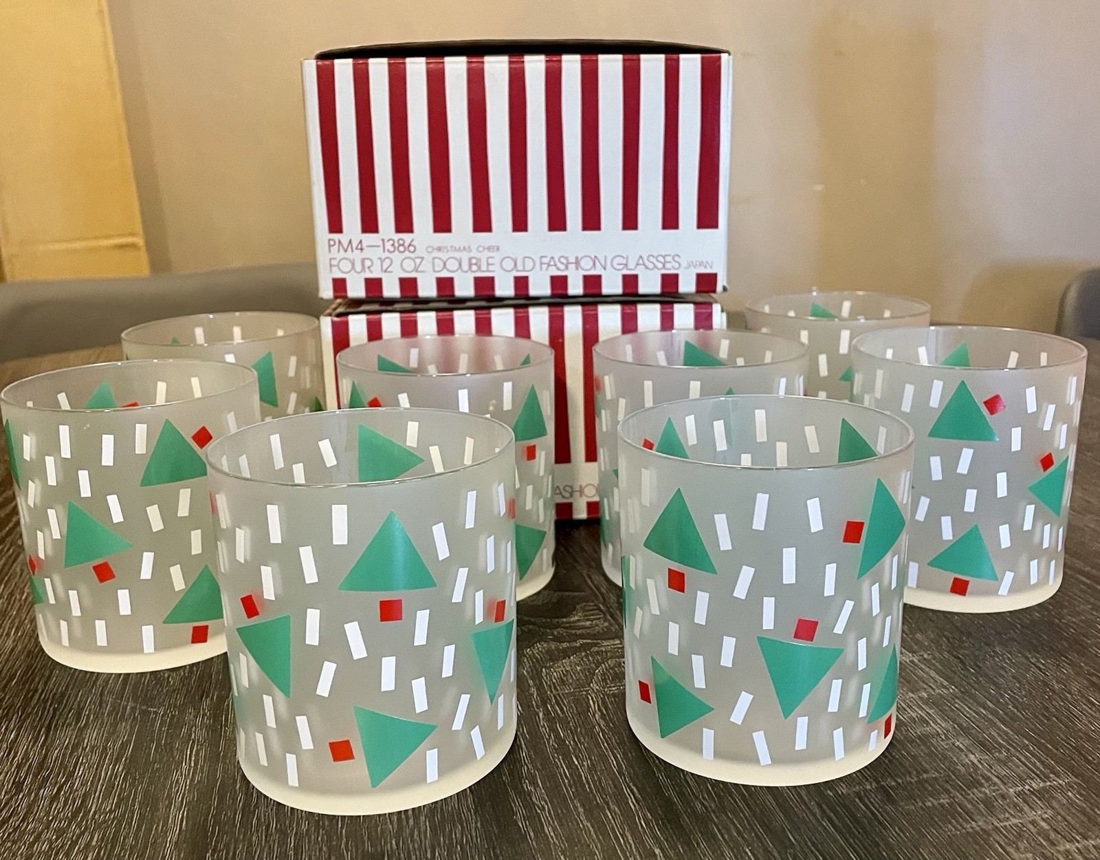 Set Of 8 Vtg Prisma FROSTED Double Old Fashion Glasses Christmas Cheer Trees New