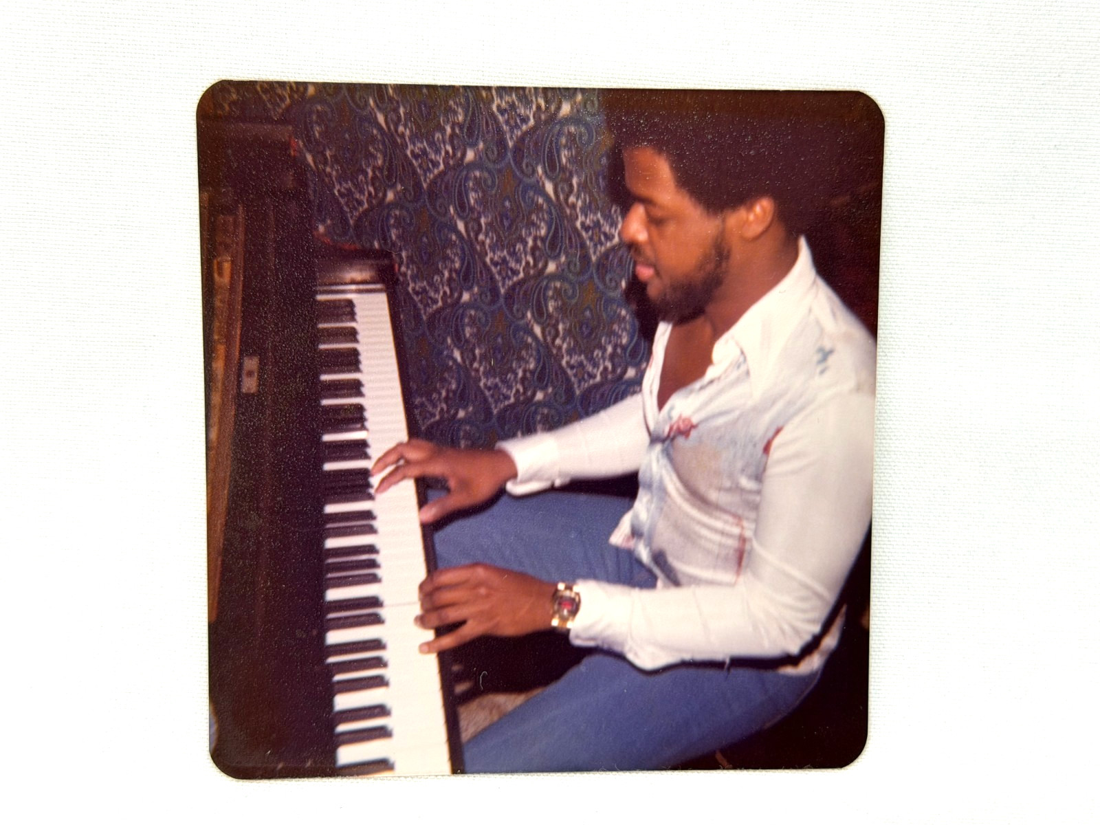 Vintage Color Snapshot Photo 1977 Black African American Man Playing Piano