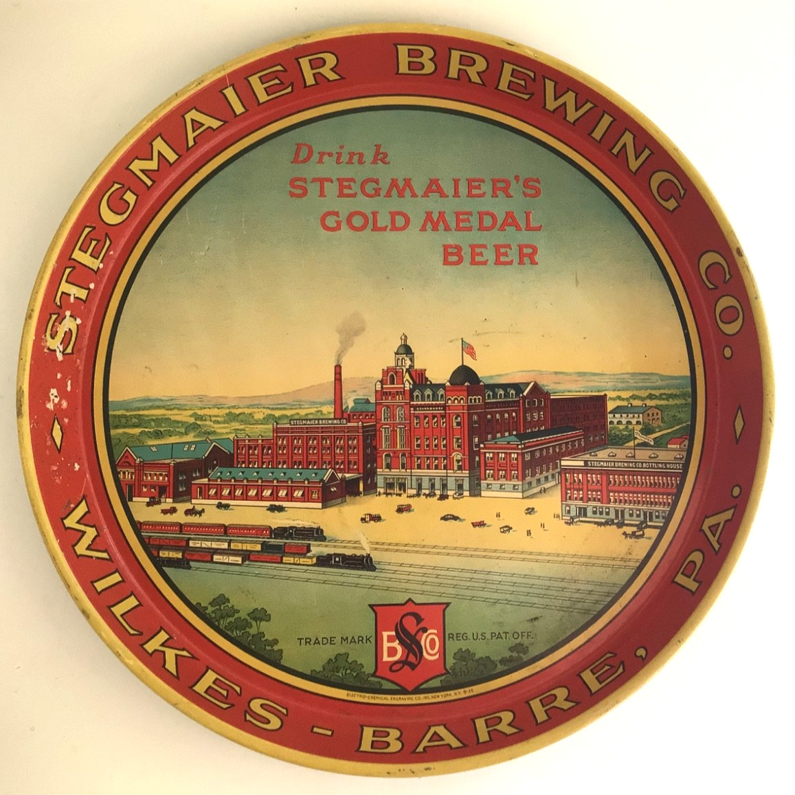 1936 Stegmaier Brewing Co Gold Medal Beer Tray Wilkes-Barre PA 12” Vintage 8-36