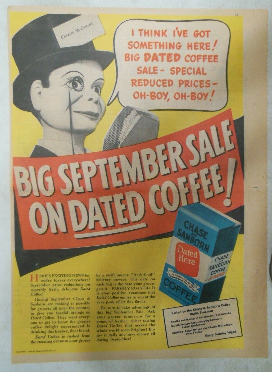 Charlie McCarthy Ad for Chase and Sanborn Coffee from 1930's 11  x 15 inches