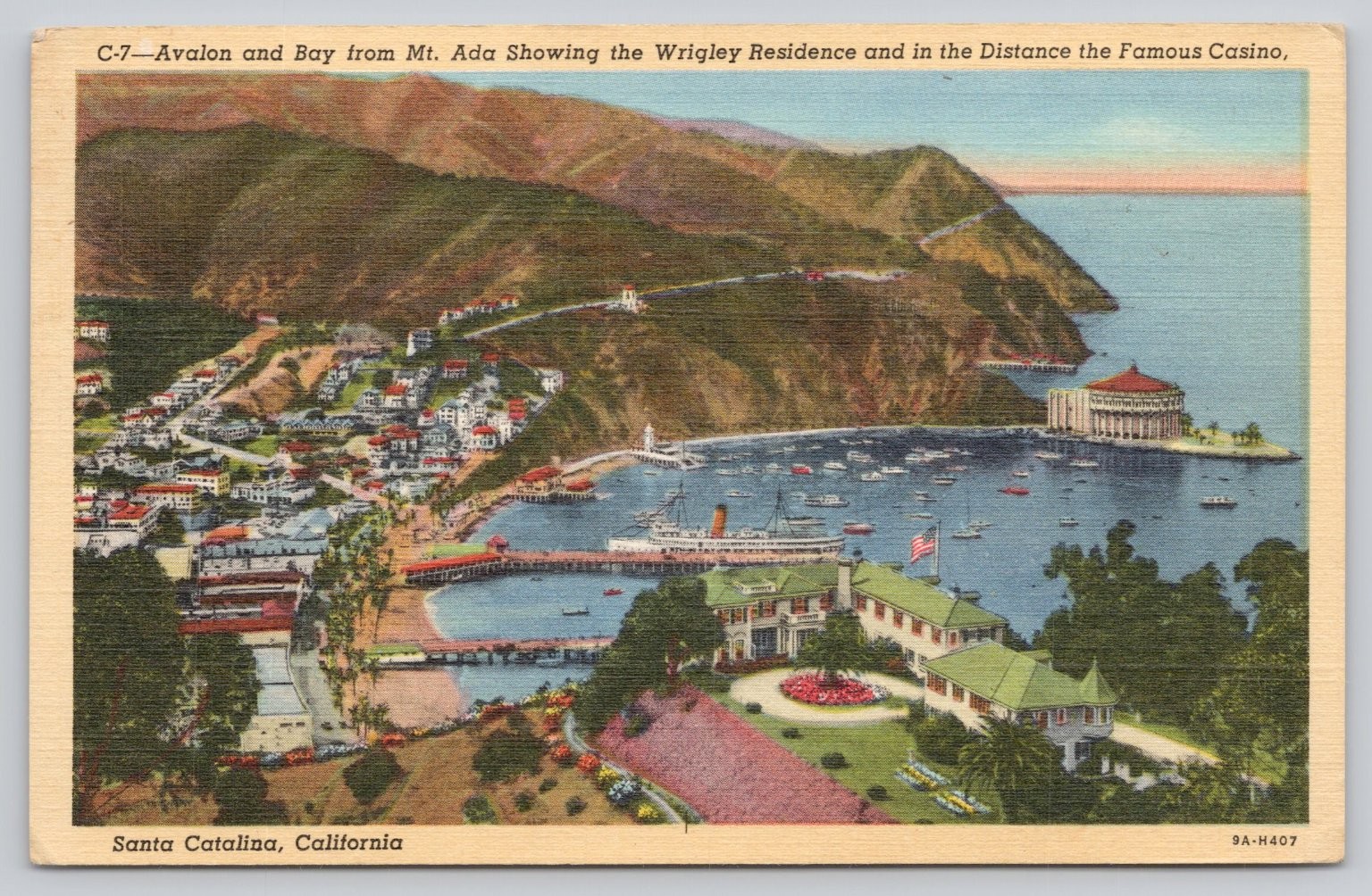 Avalon Bay Catalina Island CA 1947 Postcard Wrigley Residence Casino Colortone