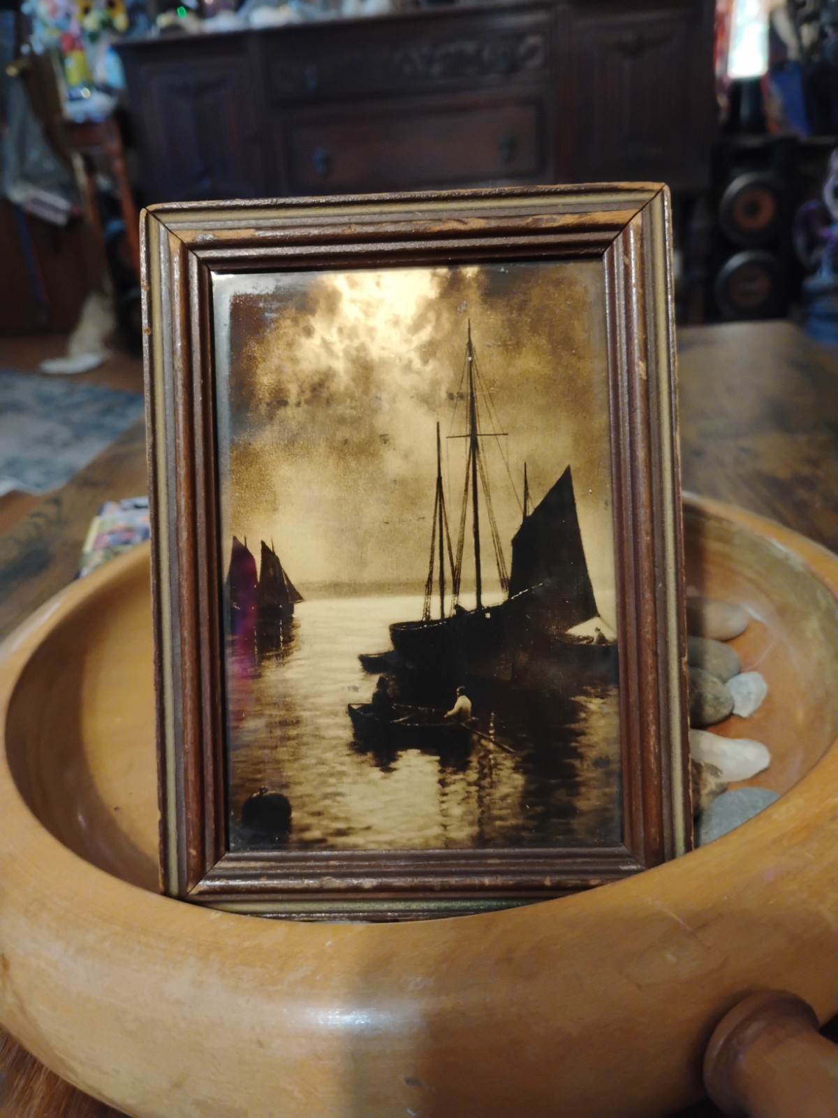 Antique Orotone Photograph 4.5” X 5.5” Sailboats In harbor