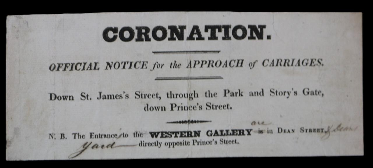 1821 GEORGE IV CORONATION HAND BILL, NOTICE for APPROACH of CARRIAGES LONDON TC1