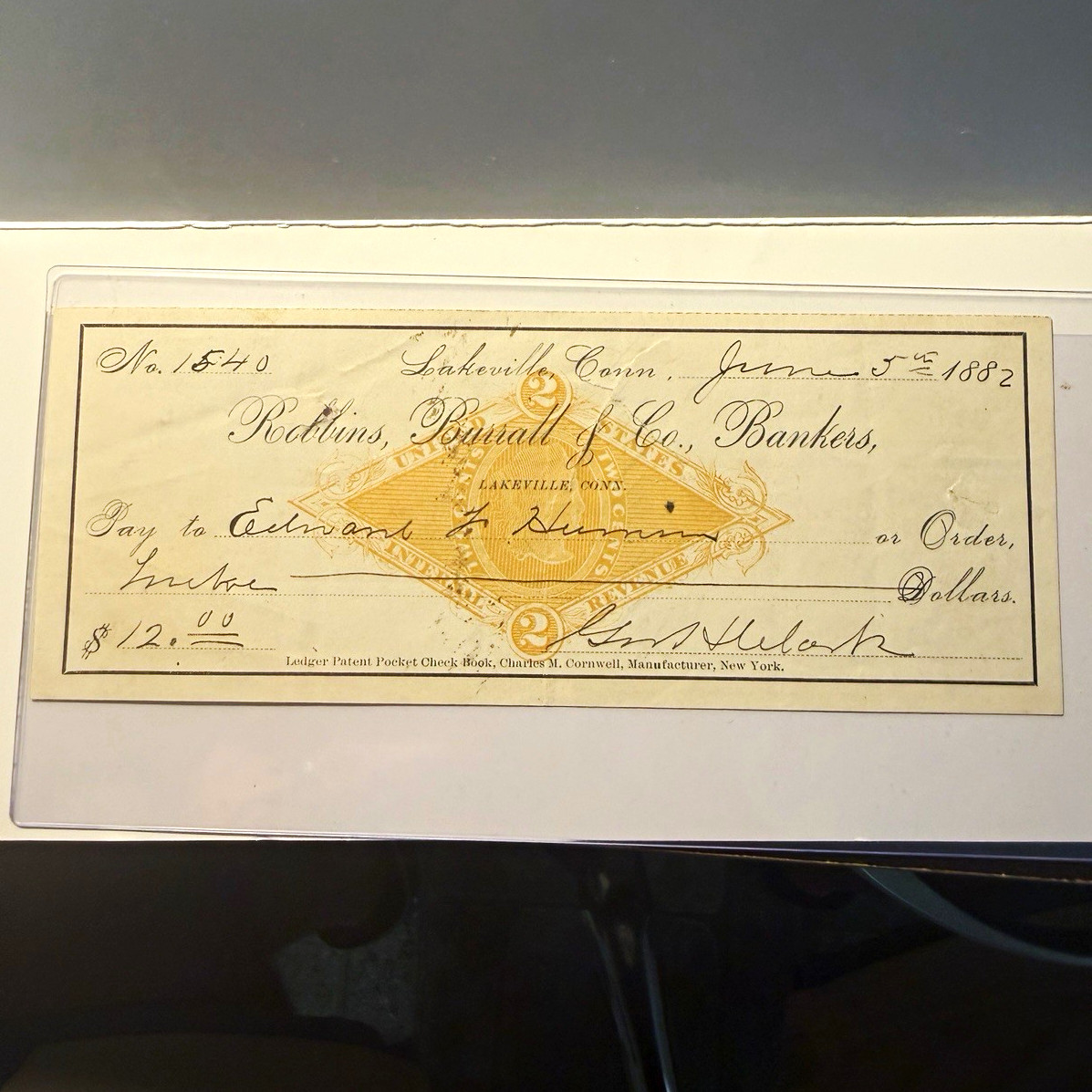1882 Robbins Burrall & Co Bankers Lakeville CT Bank Check Draft #1540 $12